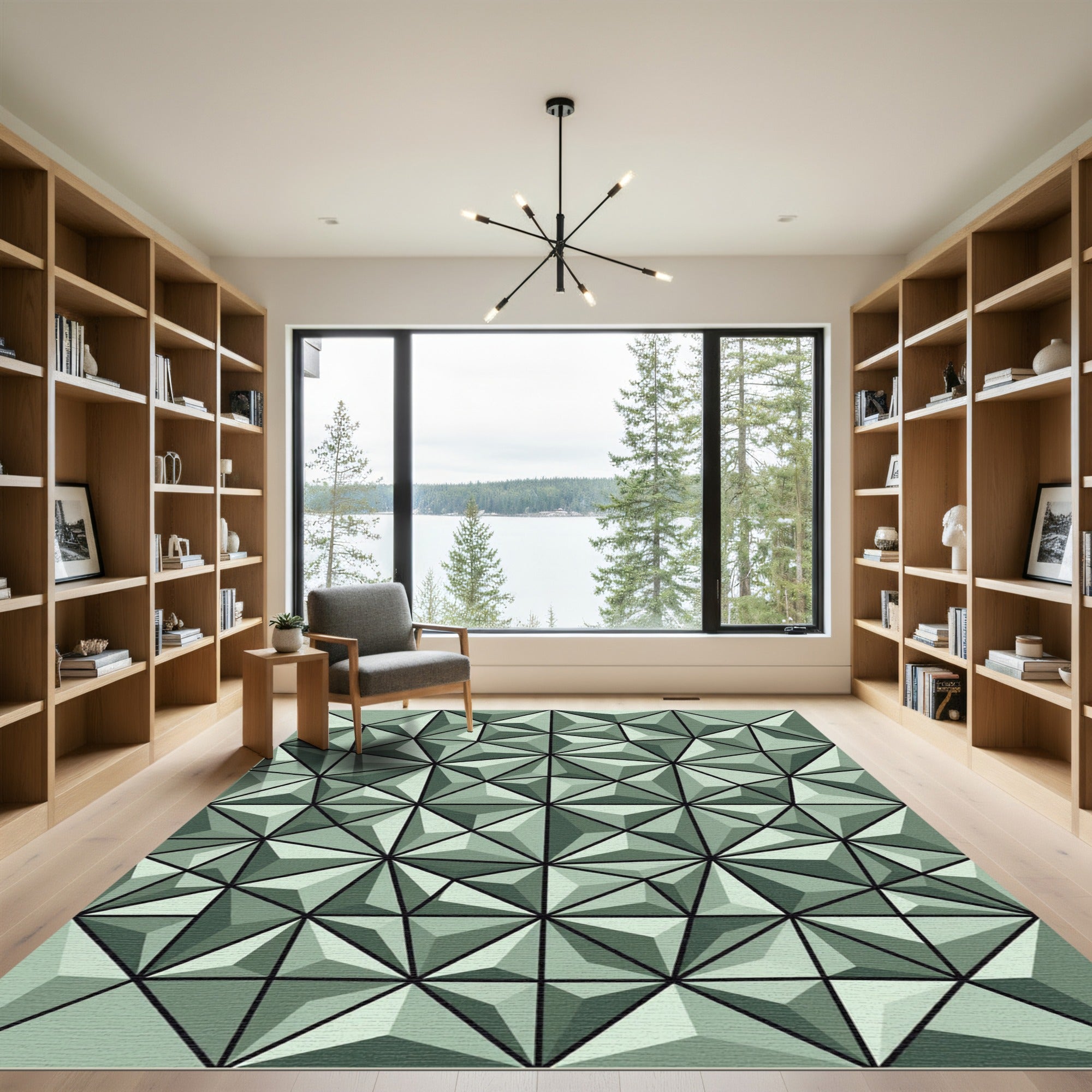 Geometric Sage Green Triangular Facet Grid Rug