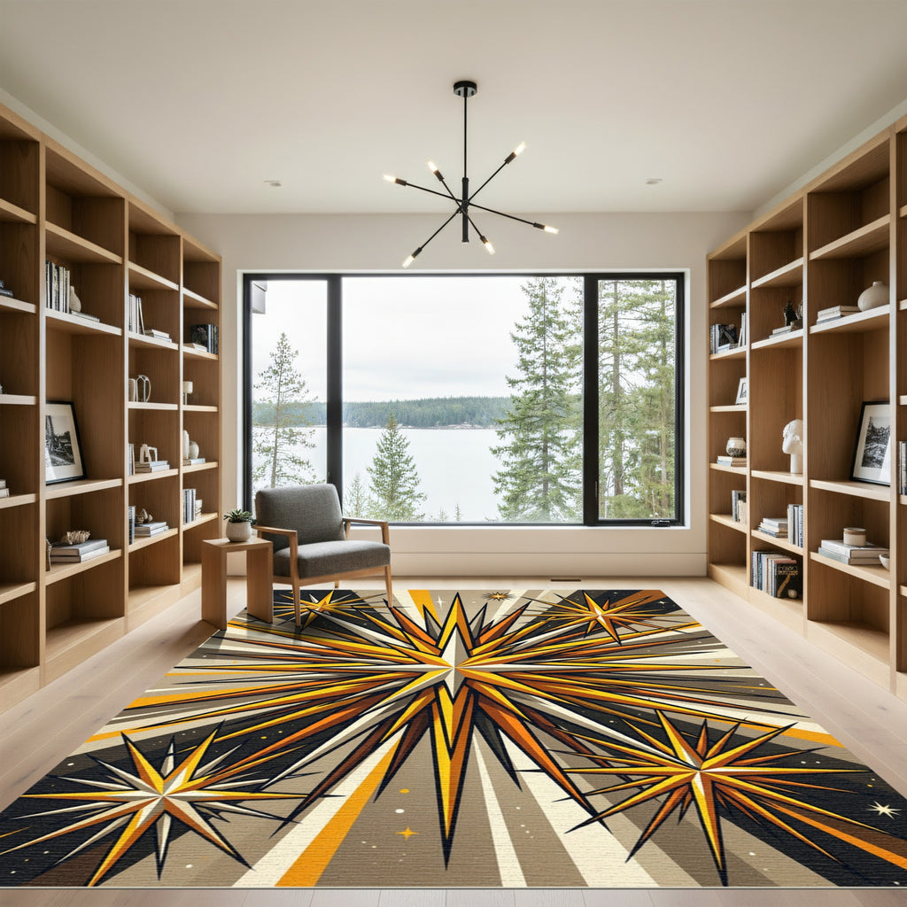 Radiant Gold Celestial Geometric Star Flare Rug