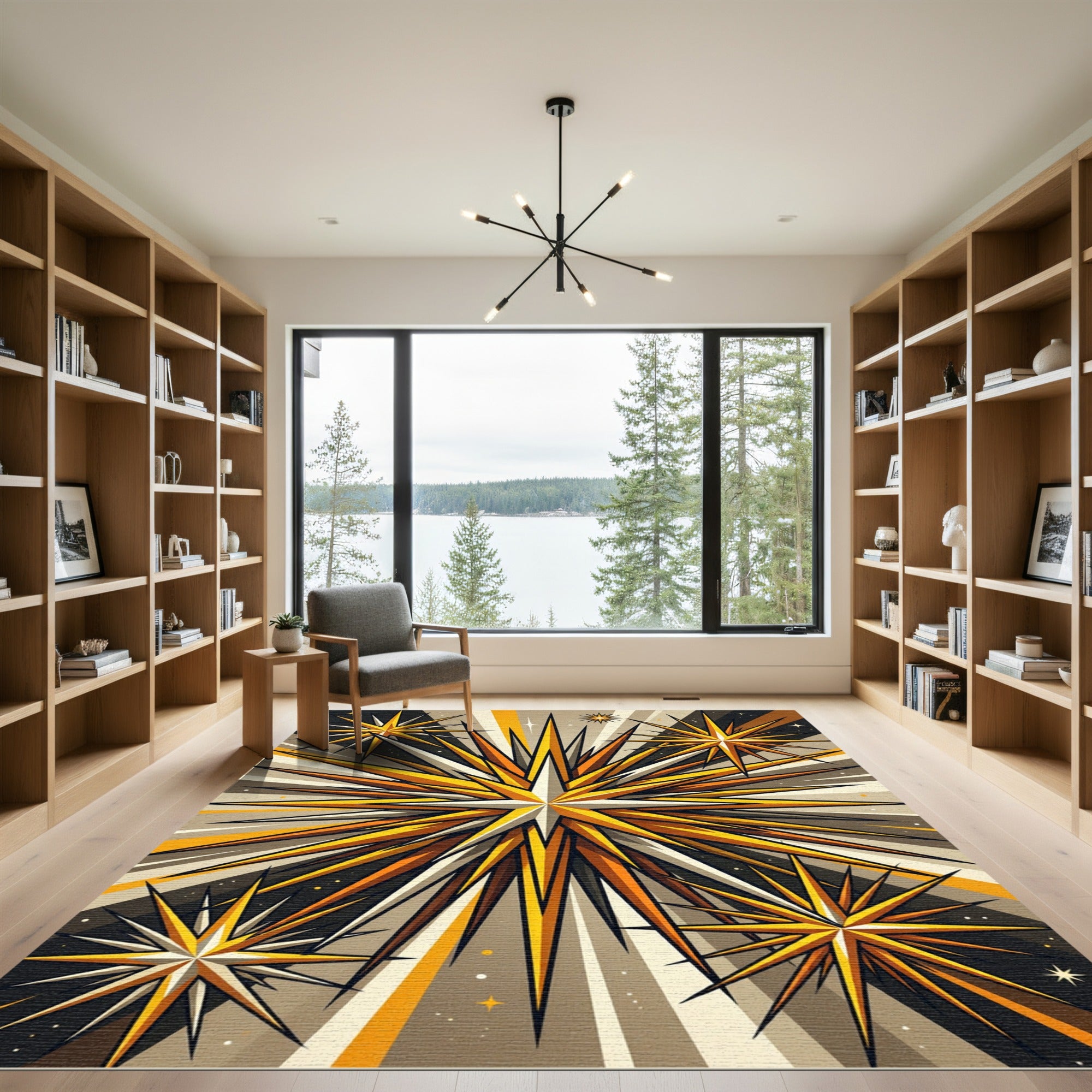 Radiant Gold Celestial Geometric Star Flare Rug