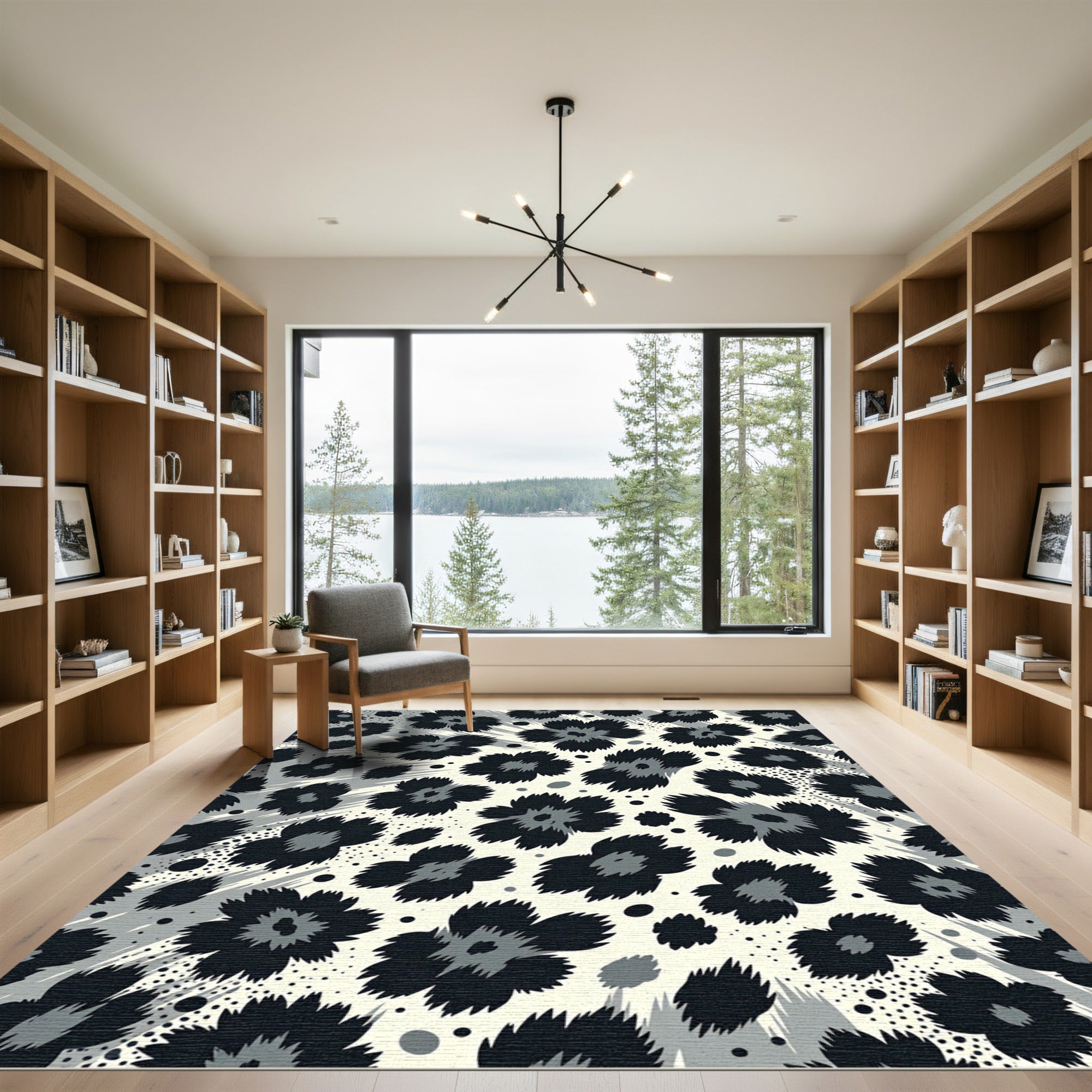 Monochrome Abstract Leopard Floral Rug