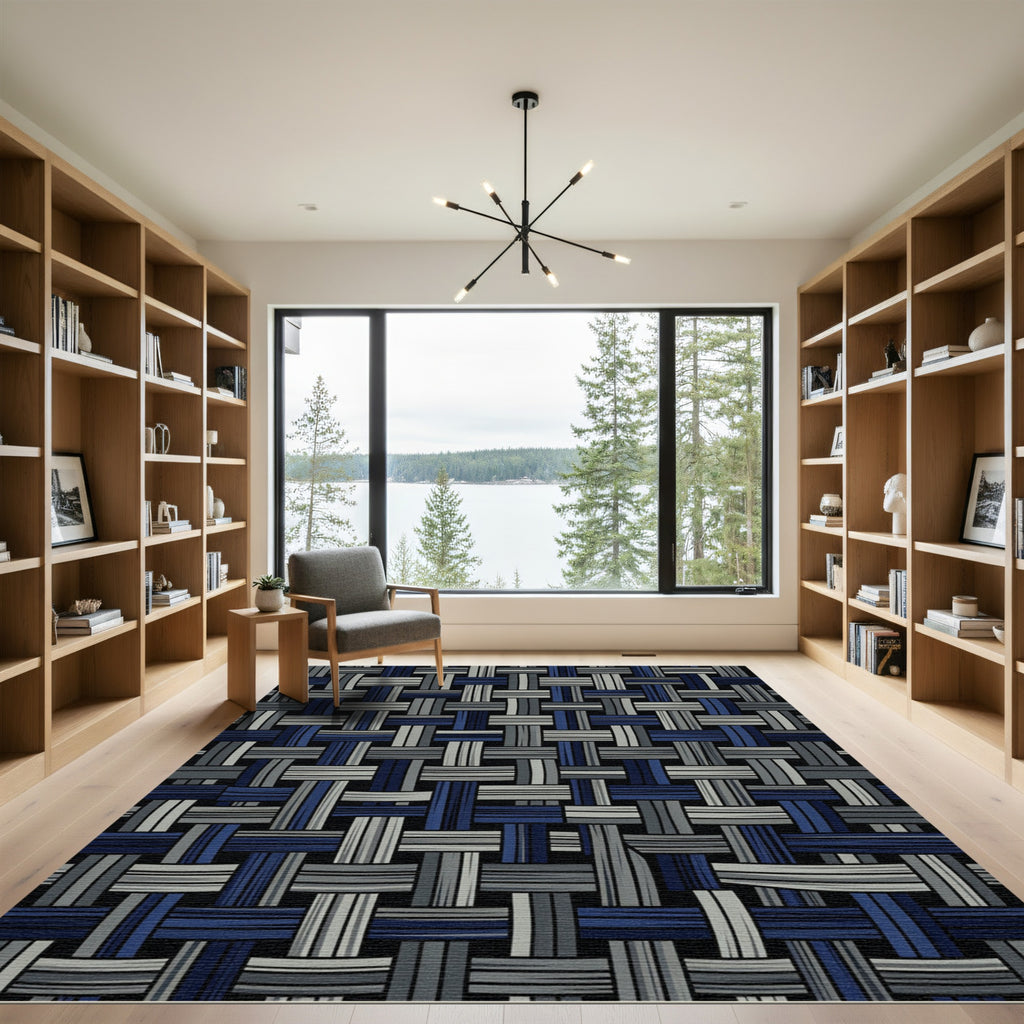 Modern Midnight Blue Interwoven Textured Grid Rug