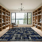 Modern Midnight Blue Interwoven Textured Grid Rug
