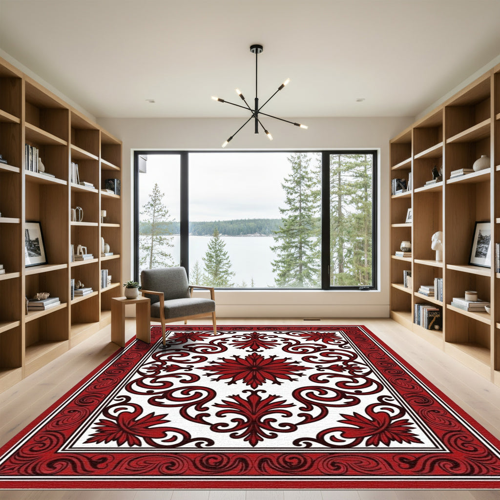 Rich Crimson Floral Rococo Medallion Rug