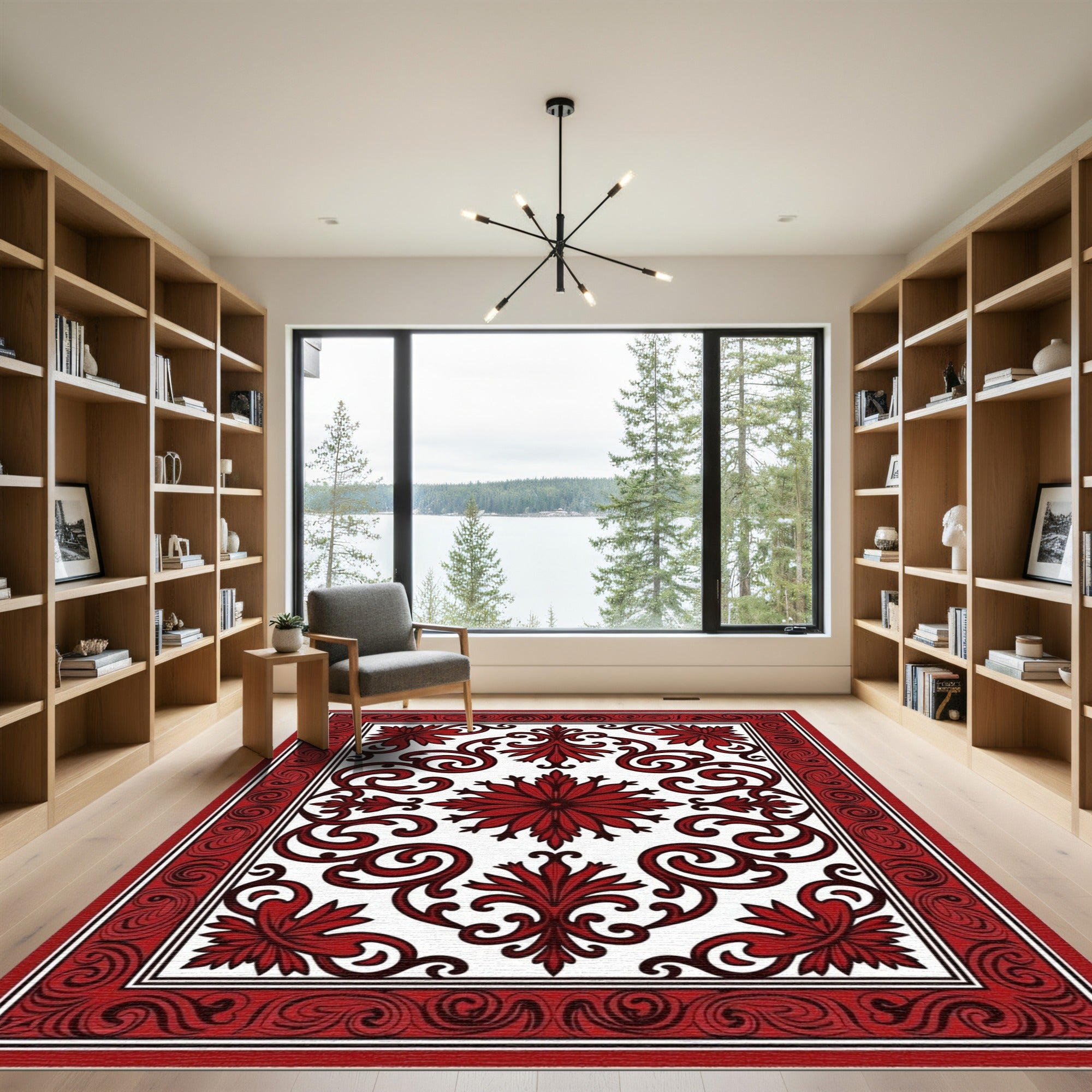 Rich Crimson Floral Rococo Medallion Rug