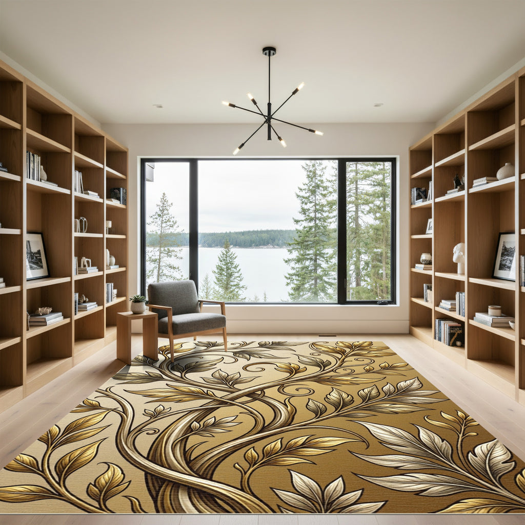 Elegant Golden Foliage Scroll Rug
