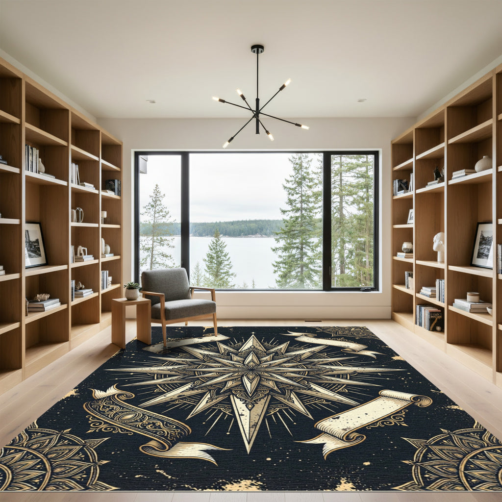 Gold Starburst Mandala With Ribbons Rug
