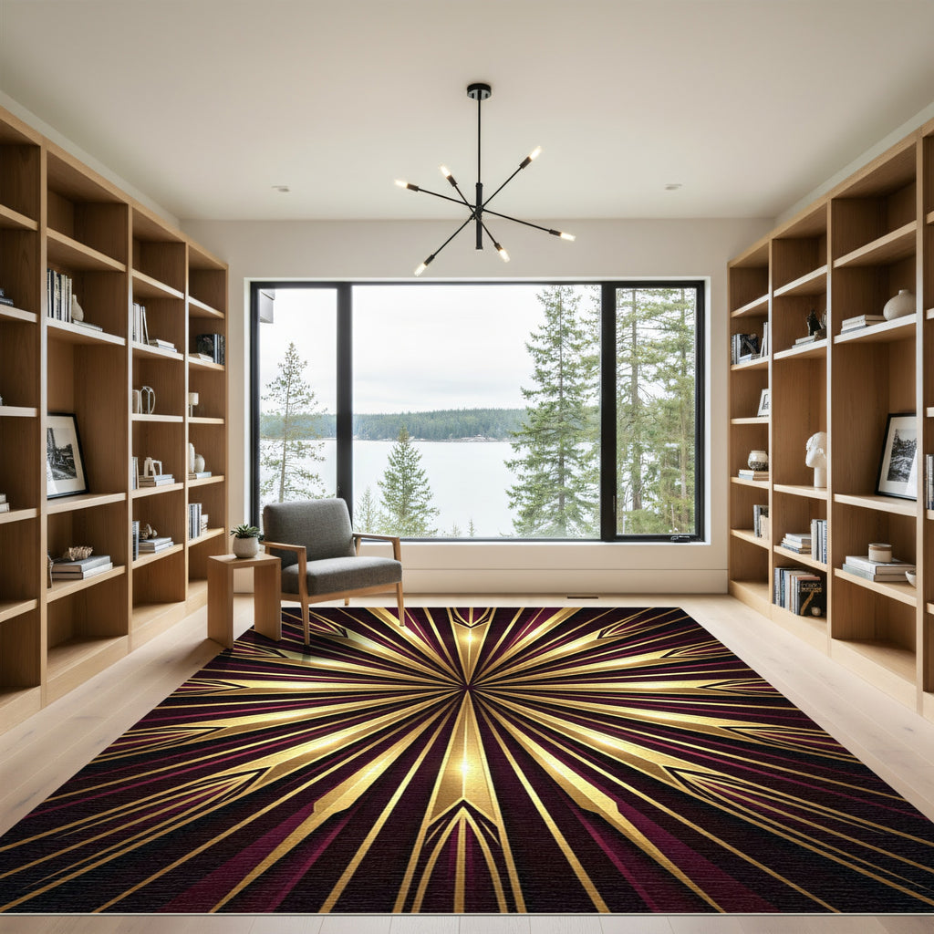 Luxurious Golden Starburst Maroon Radiance Rug
