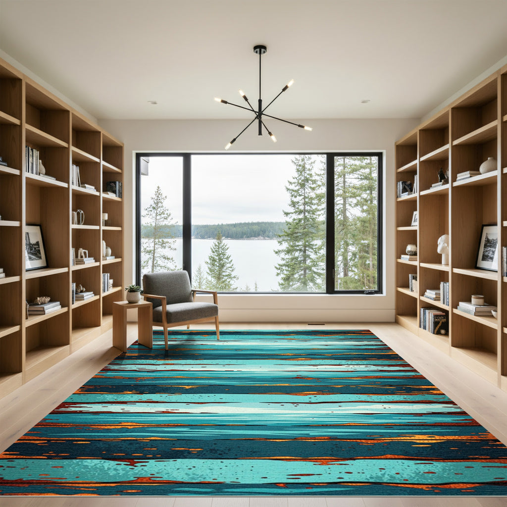Coastal Blue Wood Plank Stripe Rug