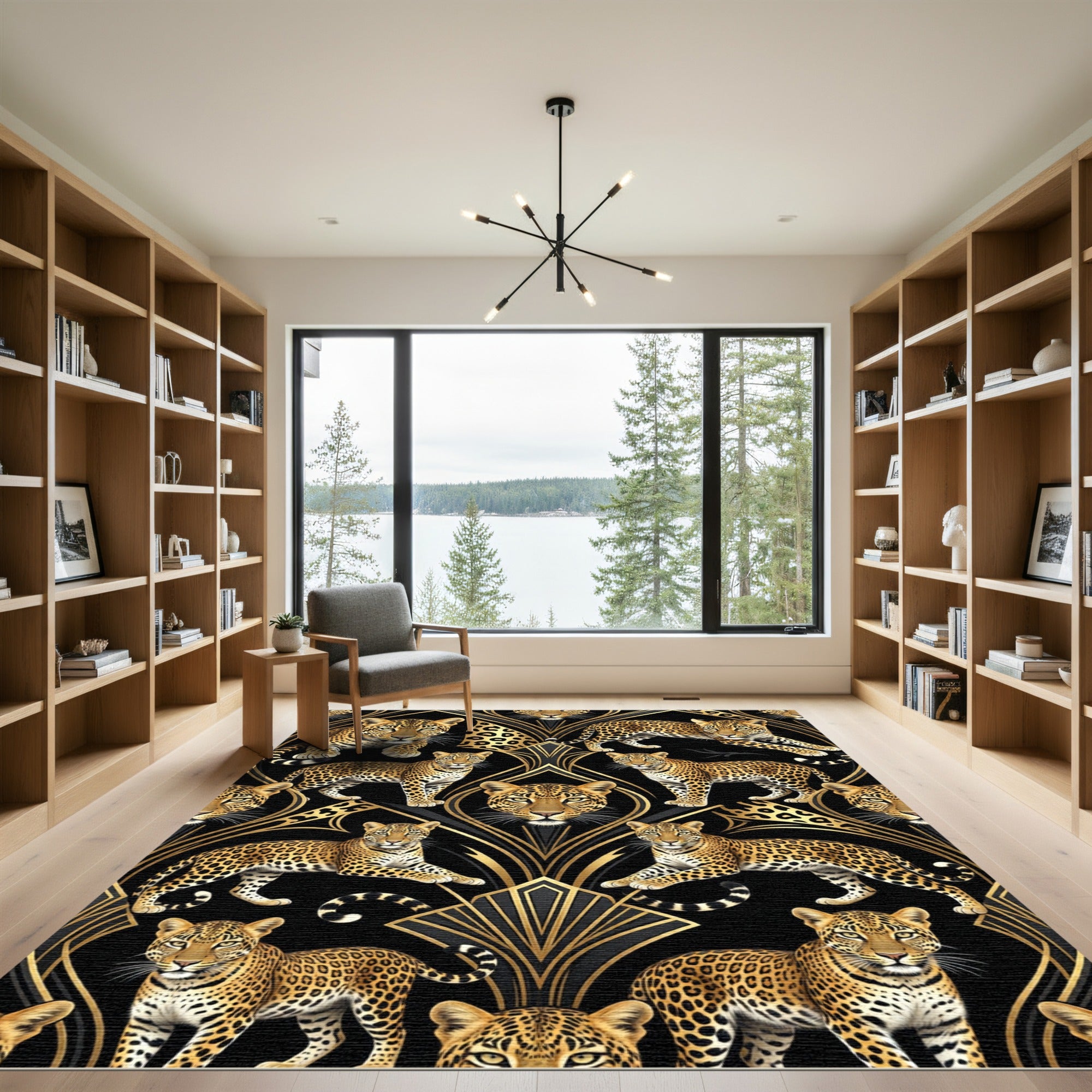 Elegant Gold Leopard Art Deco Composition Rug