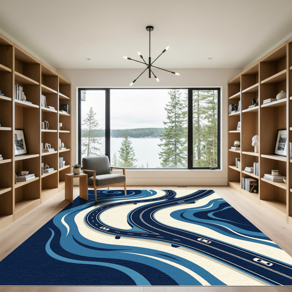 Modern Blue Abstract Highway Swirl Rug