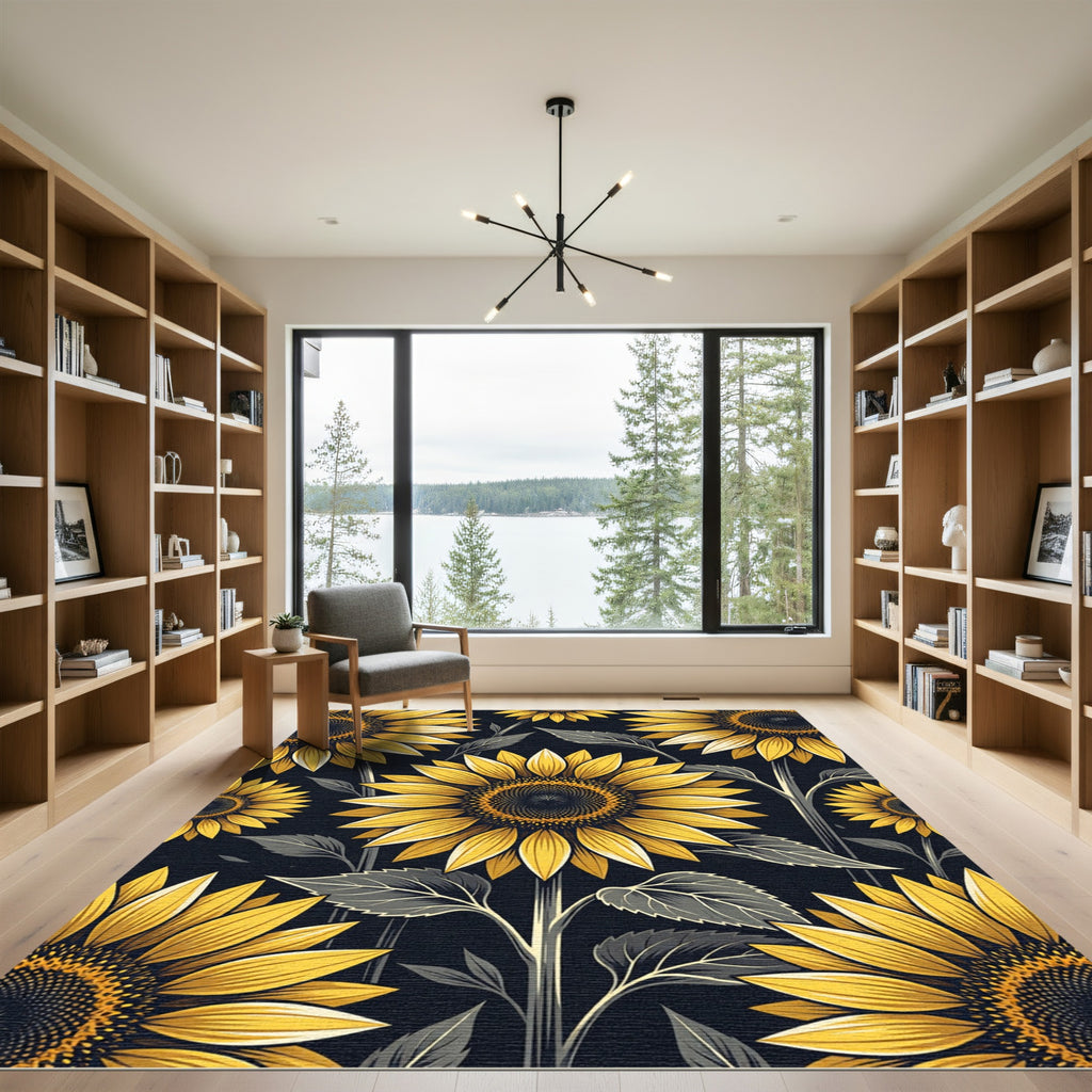 Golden Sunflower Botanical Floral Dark Rug