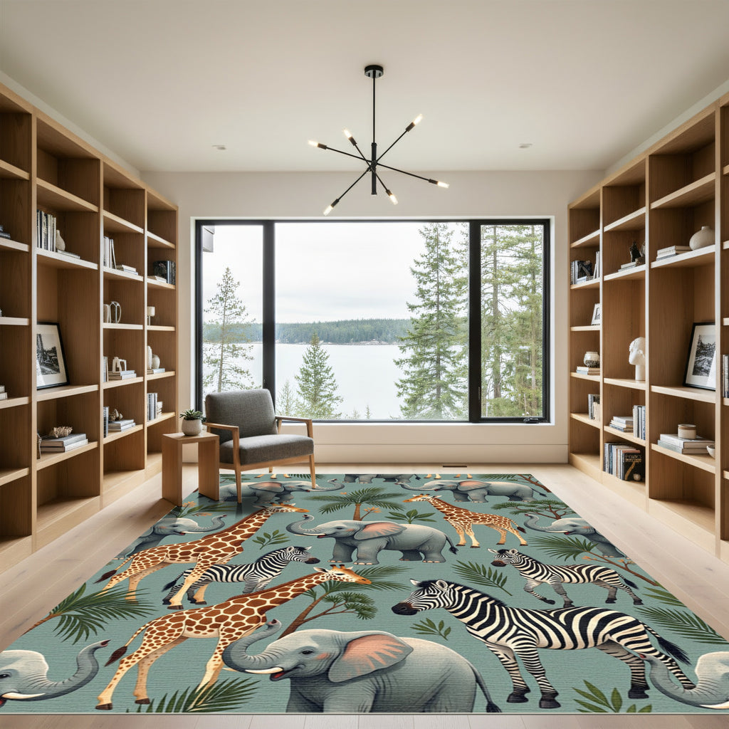 Whimsical Safari Animals Tropical Foliage Rug