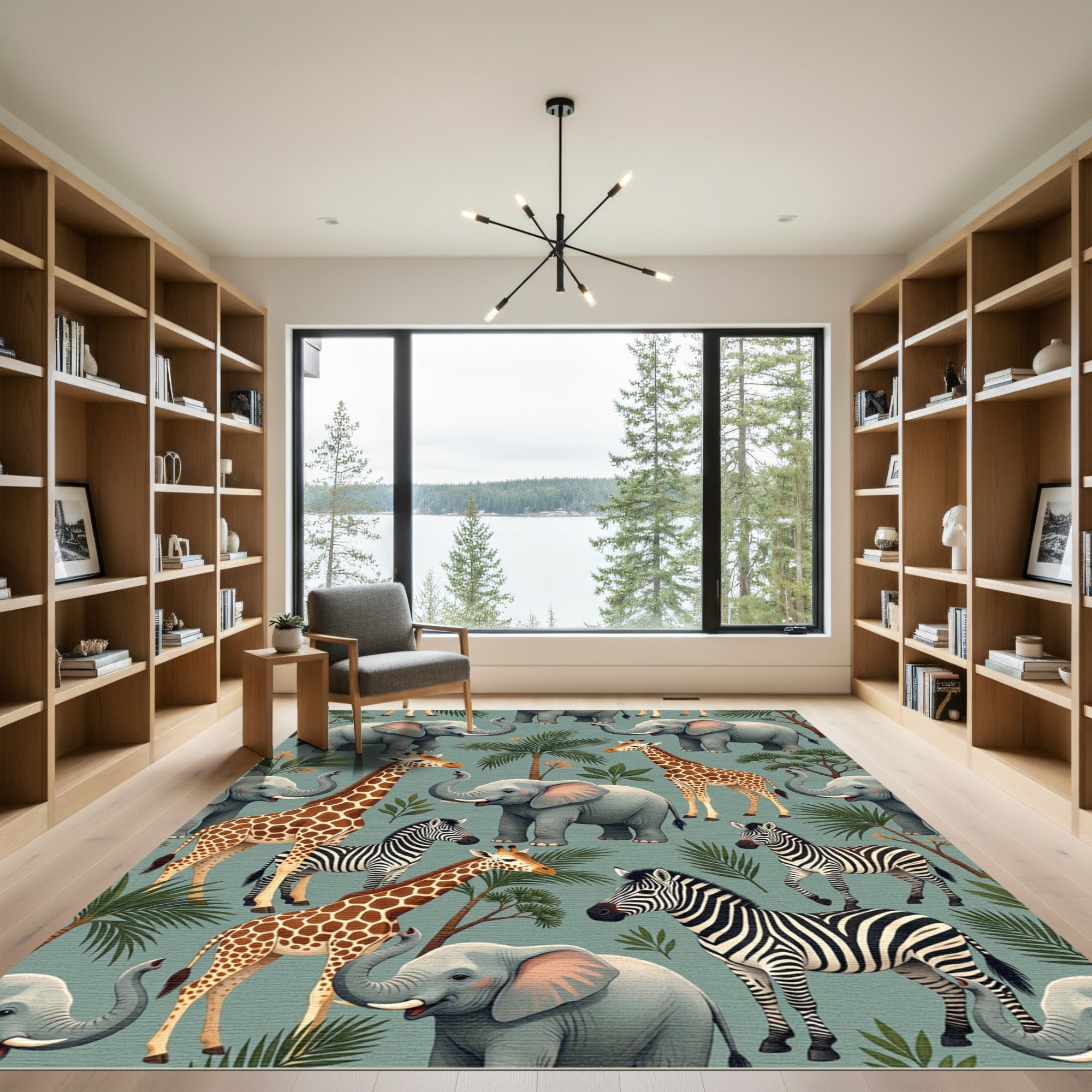 Whimsical Safari Animals Tropical Foliage Rug