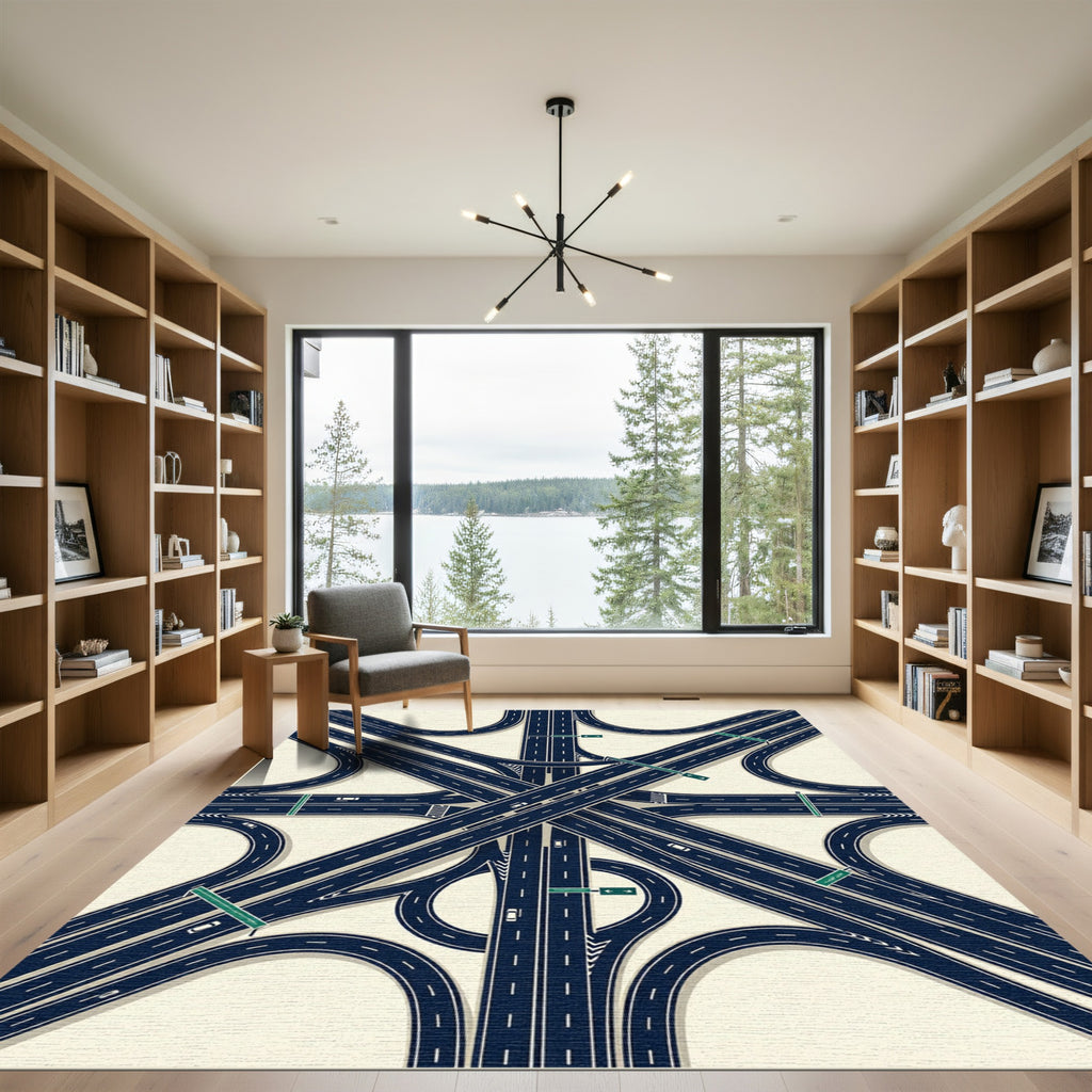 Modern Navy Blue Highway Interchange Geometric Rug