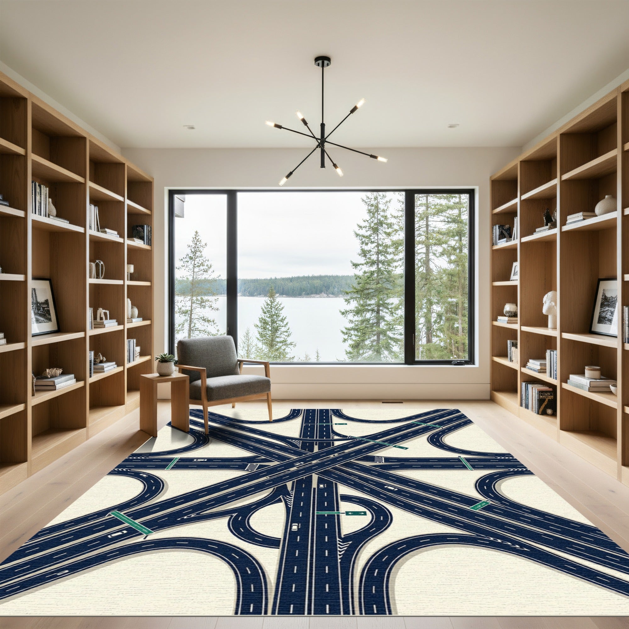 Modern Navy Blue Highway Interchange Geometric Rug
