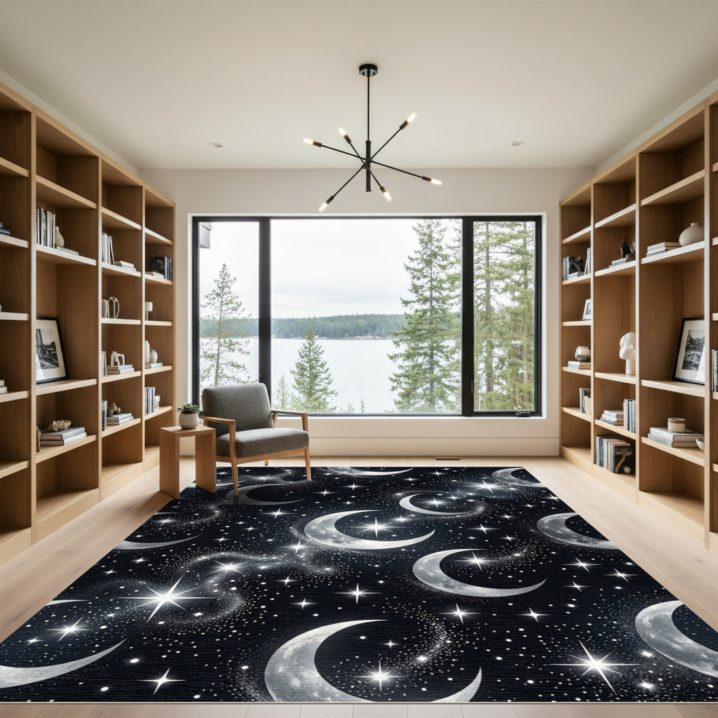 Celestial Silver Crescent Moon Starry Night Rug