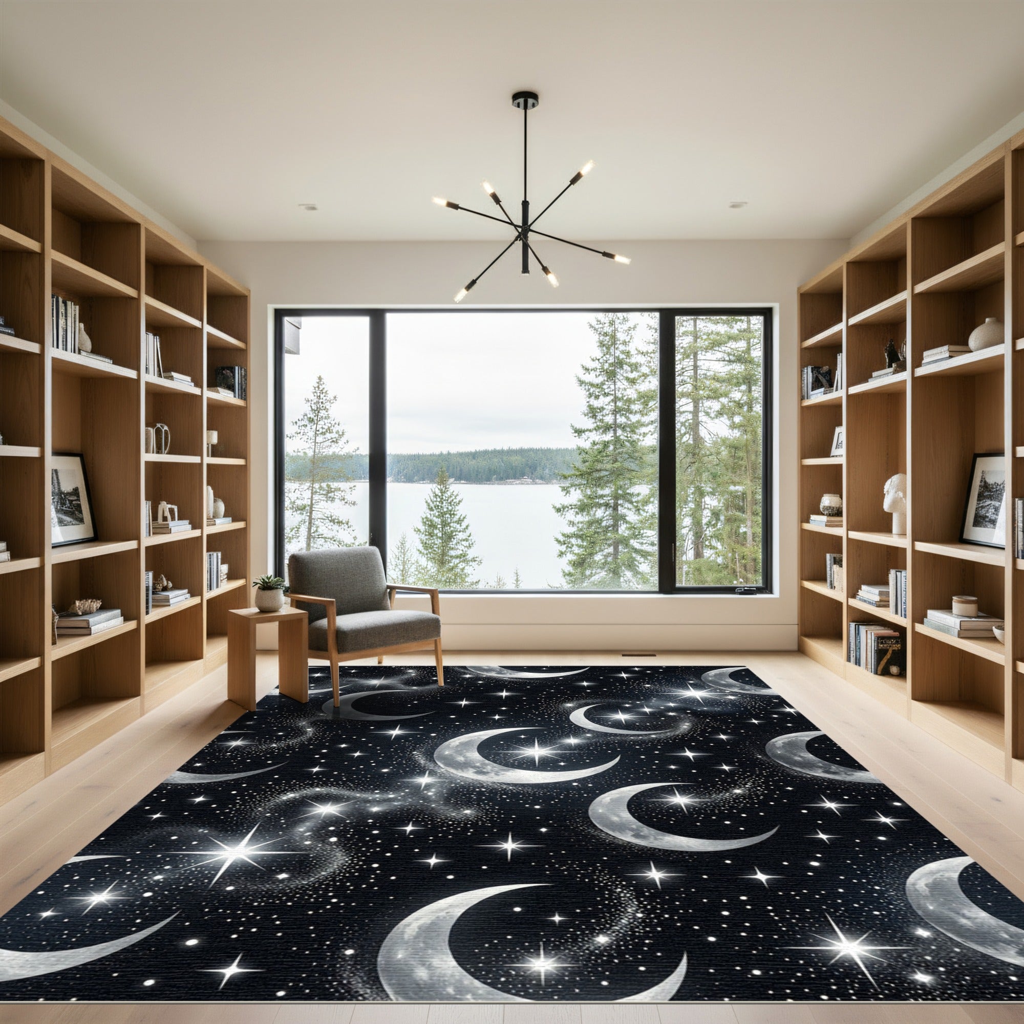 Celestial Silver Crescent Moon Starry Night Rug