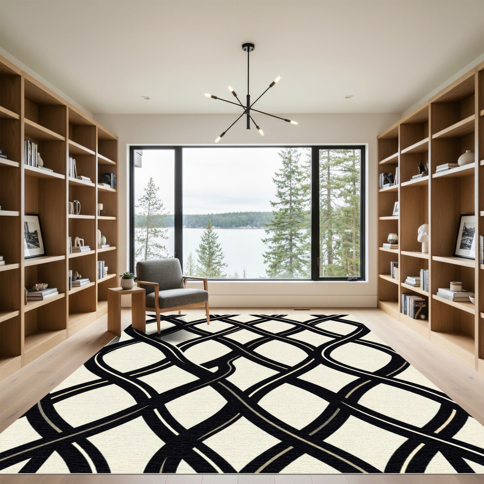 Minimalist Black and Cream Intertwined Lattice Rug