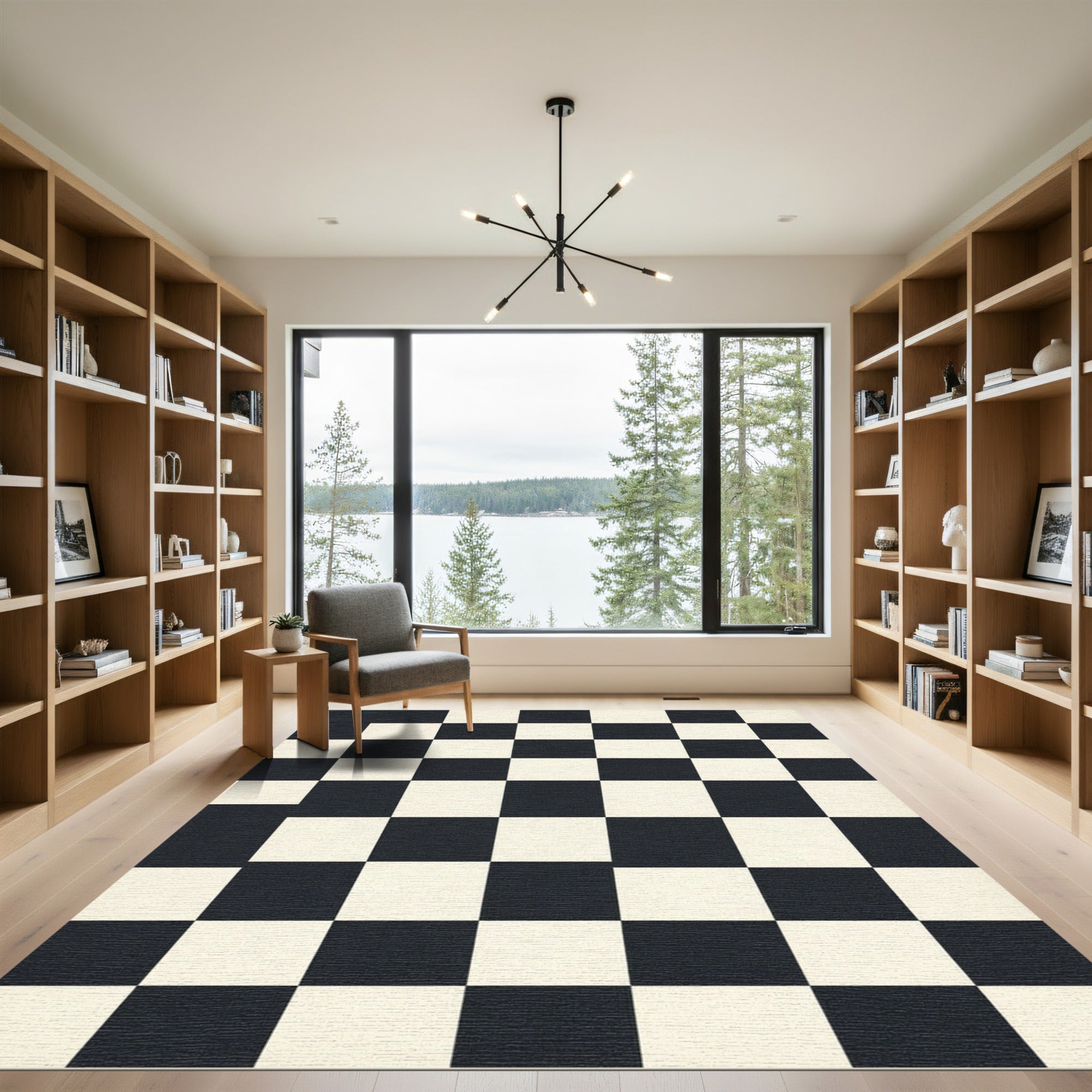 Monochromatic Grid Checkerboard Floor Covering Rug