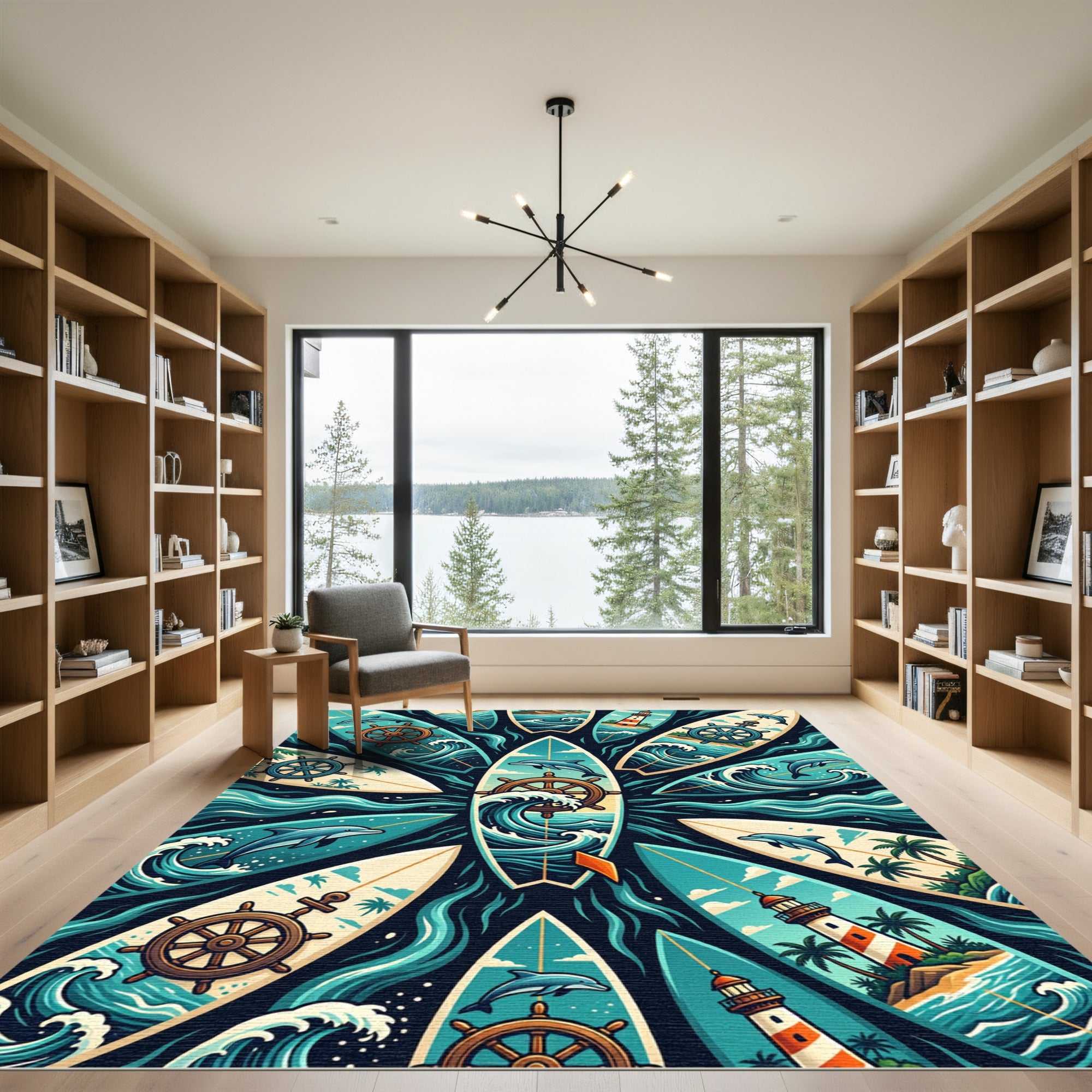 Coastal Nautical Dolphin Lighthouse Wheel Art Rug