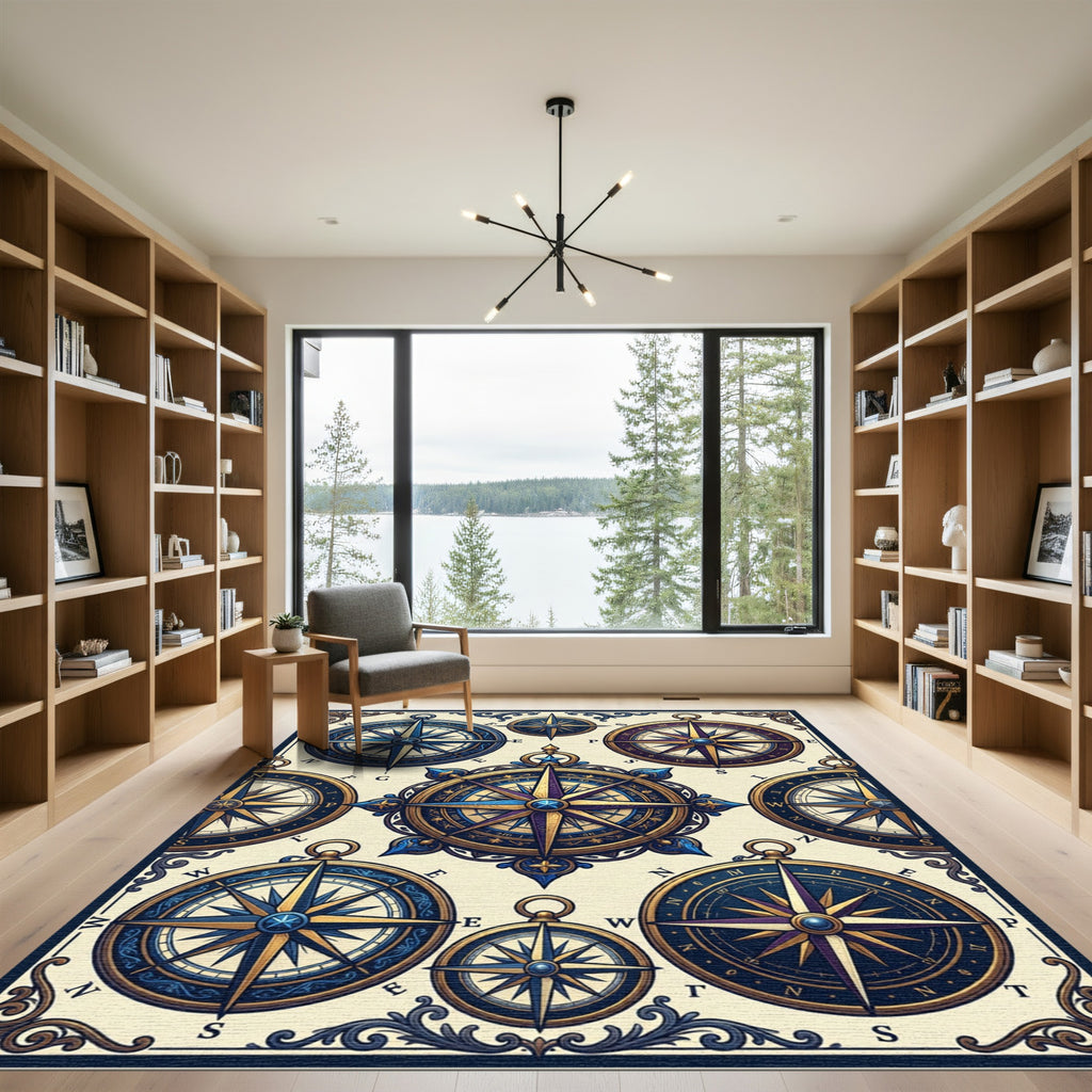 Nautical Blue Gold Compass Collage Rug