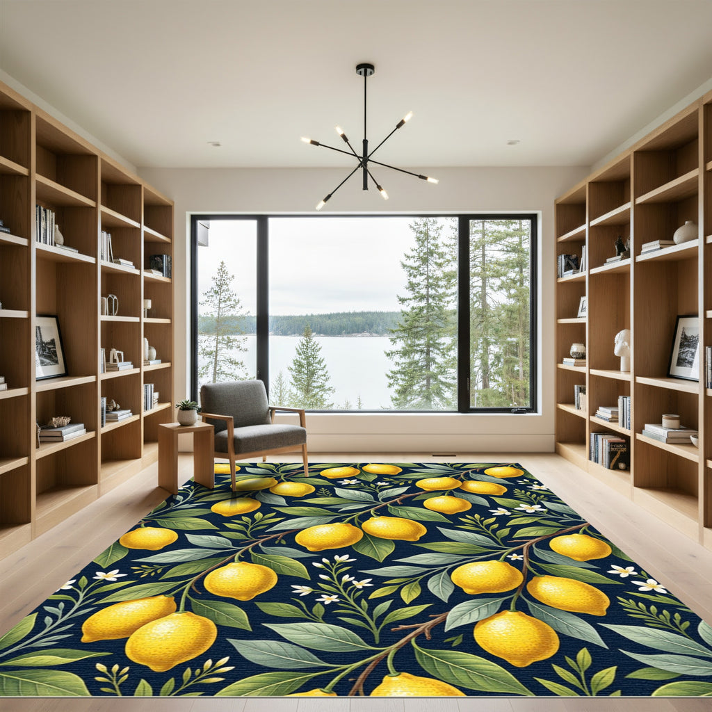 Vibrant Lemon Grove Botanical Navy Rug