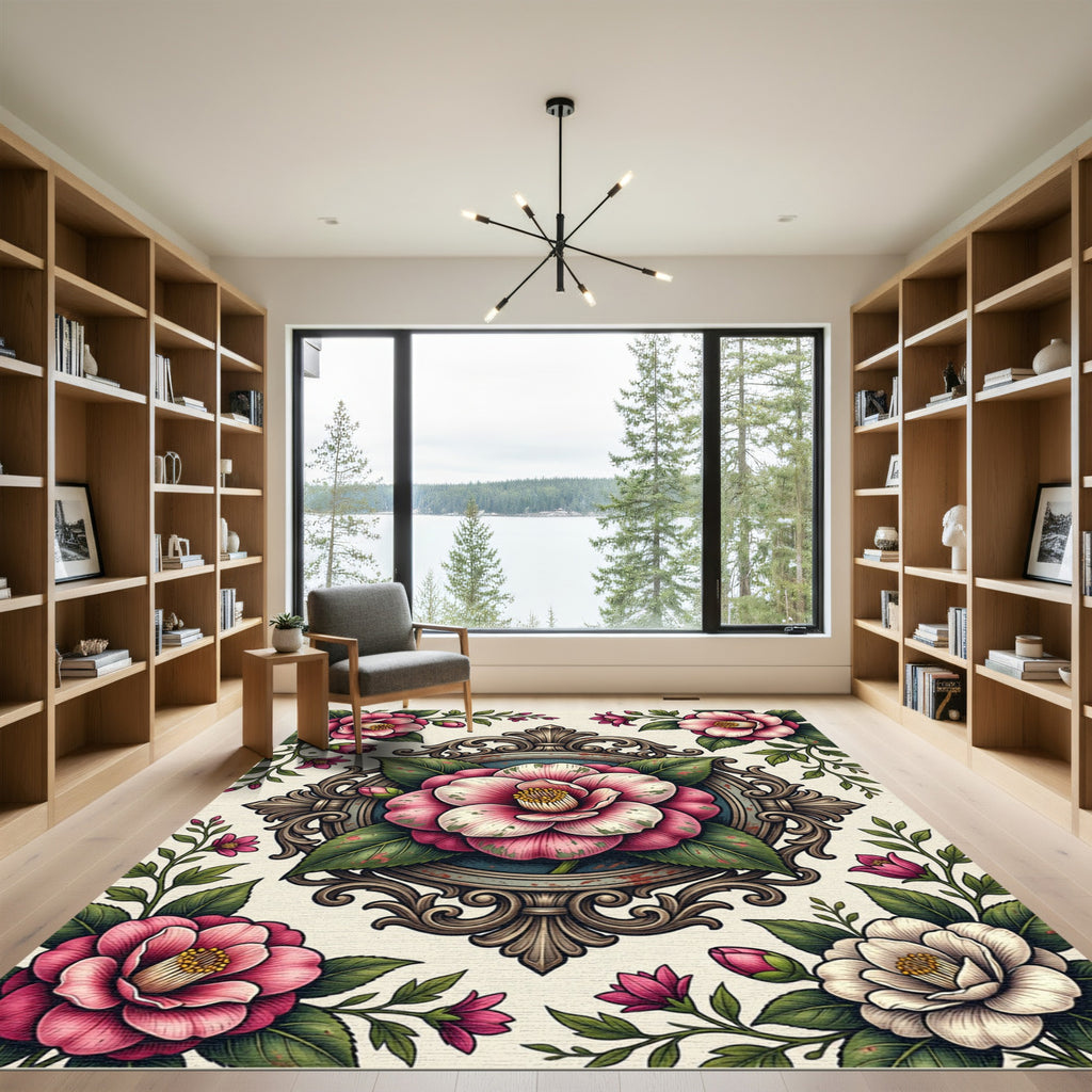 Vintage Pink Camellia Ornate Medallion Rug