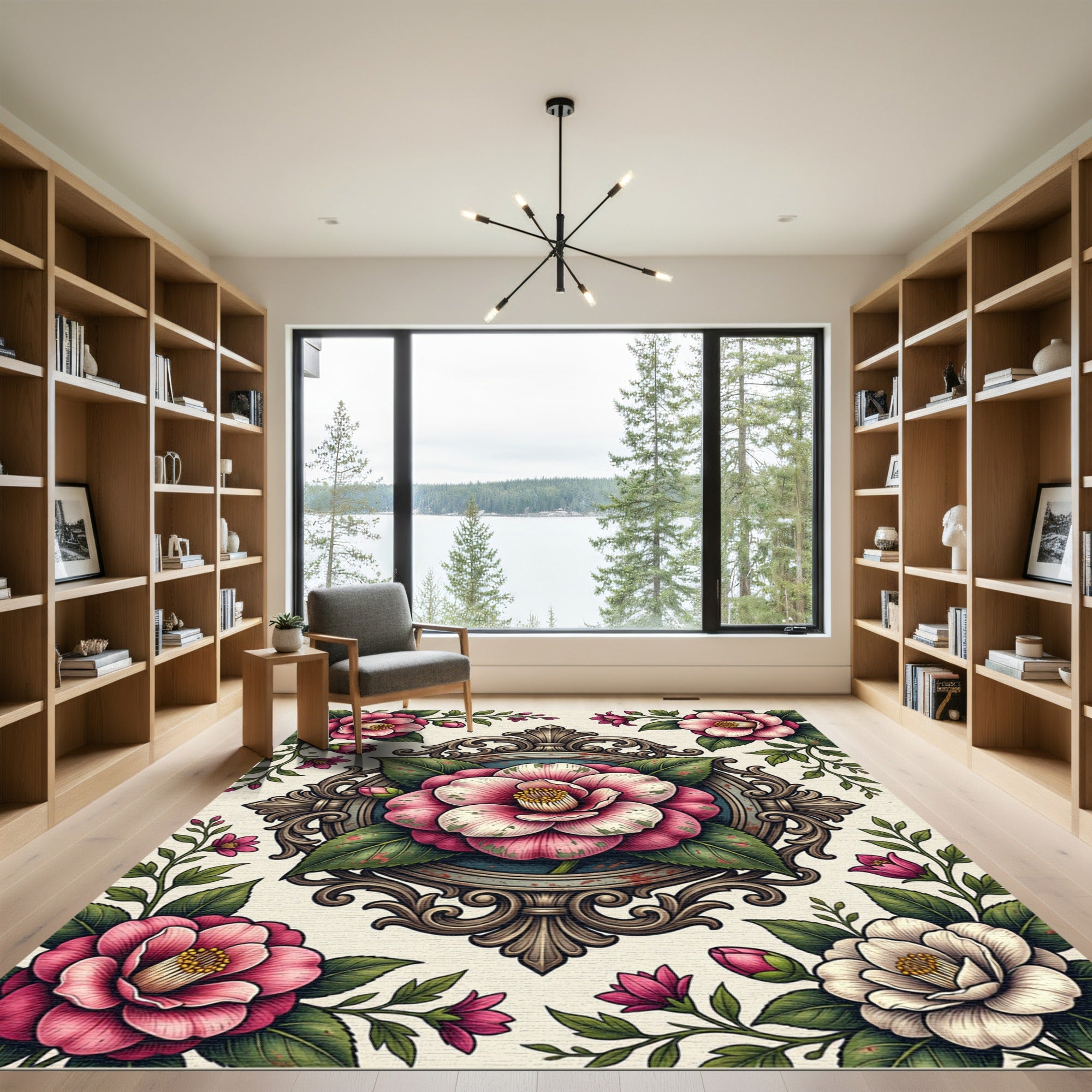 Vintage Pink Camellia Ornate Medallion Rug