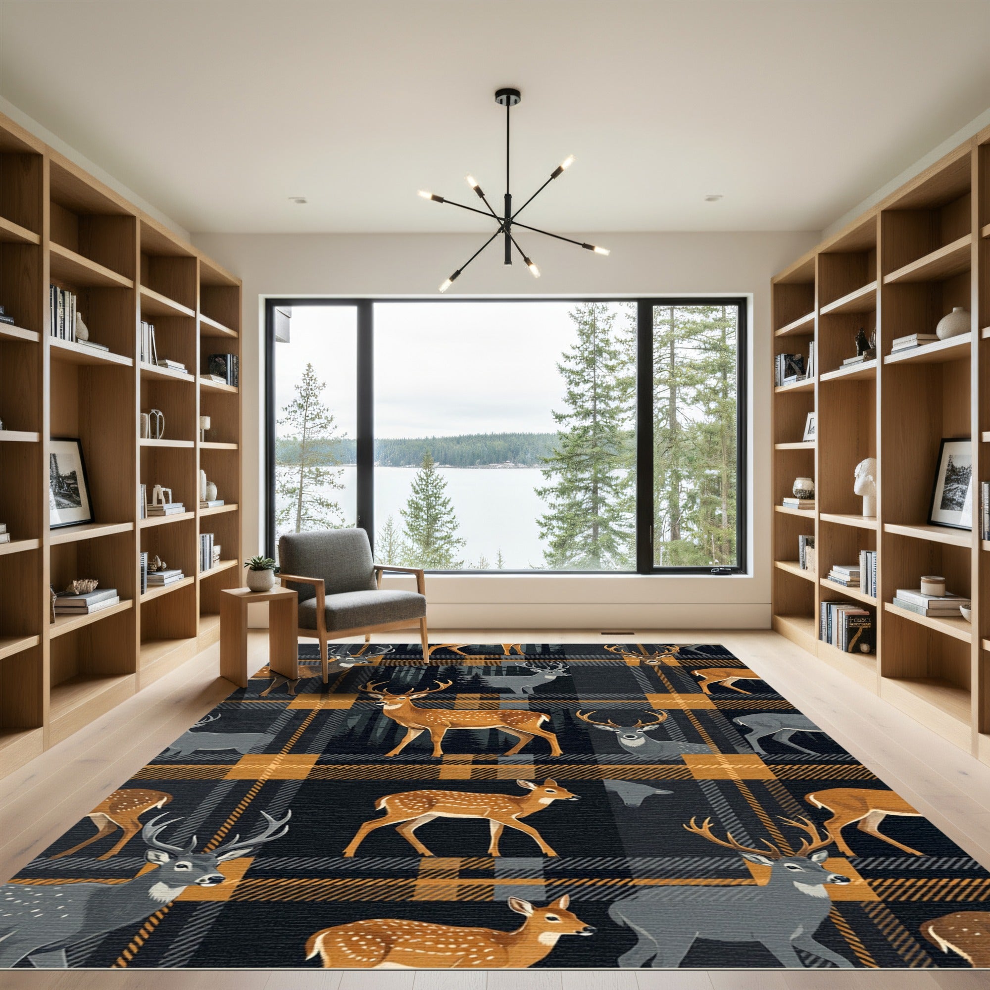 Rustic Woodland Stag Plaid Earth Tone Rug