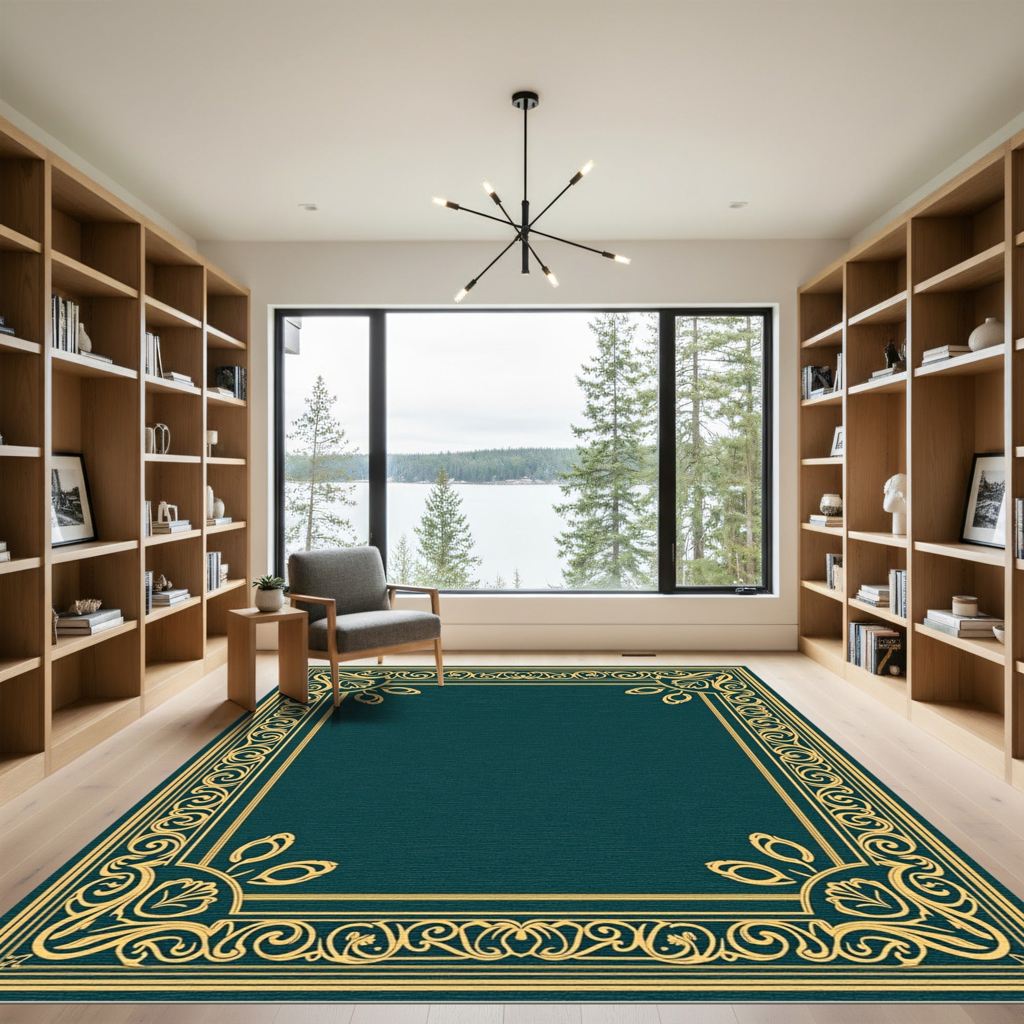 Timeless Gold Teal Scroll Border Rug