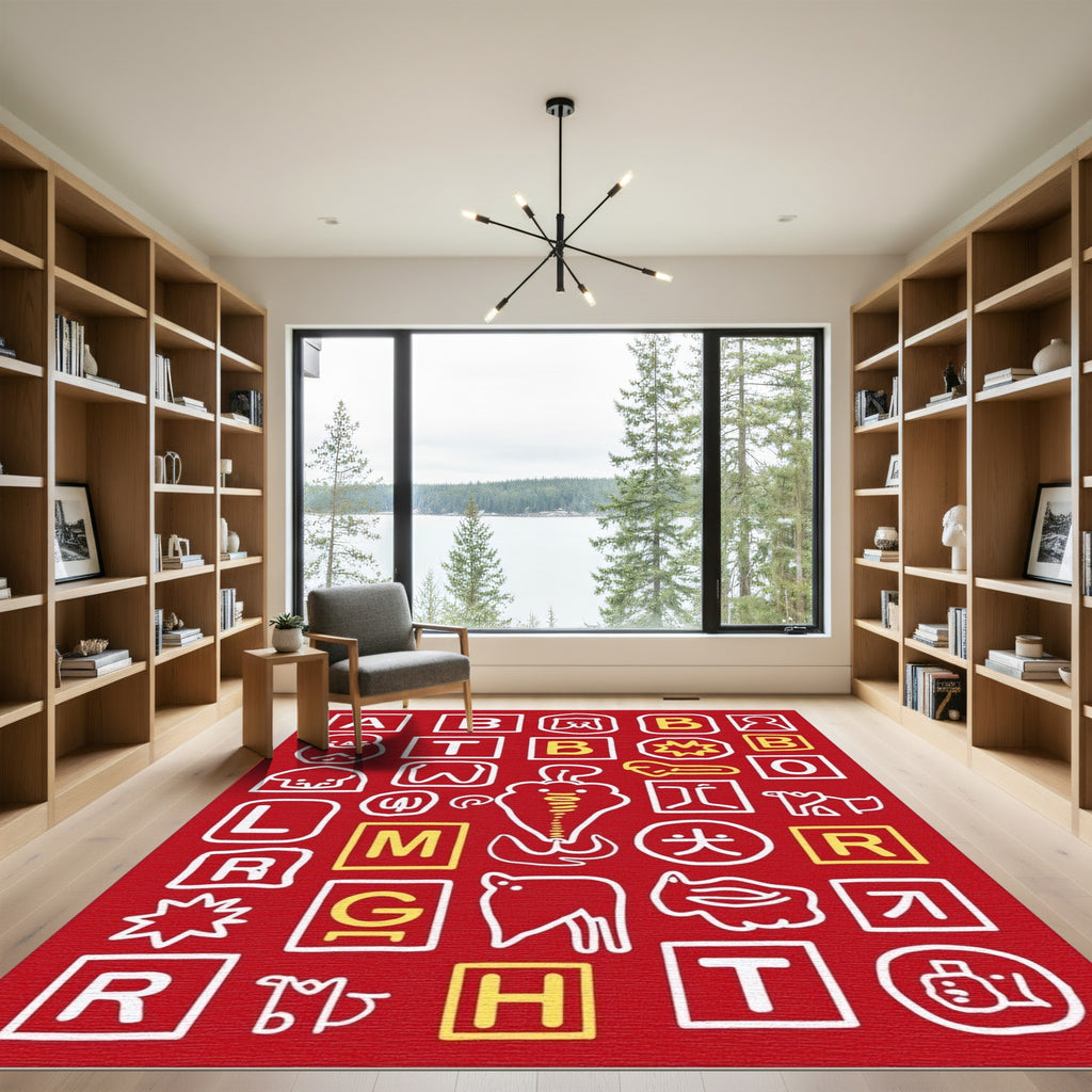 Red Whimsical Alphabet Animals Composition Rug