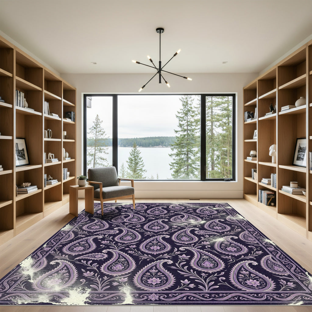 Midnight Purple Ornate Paisley Damask Rug