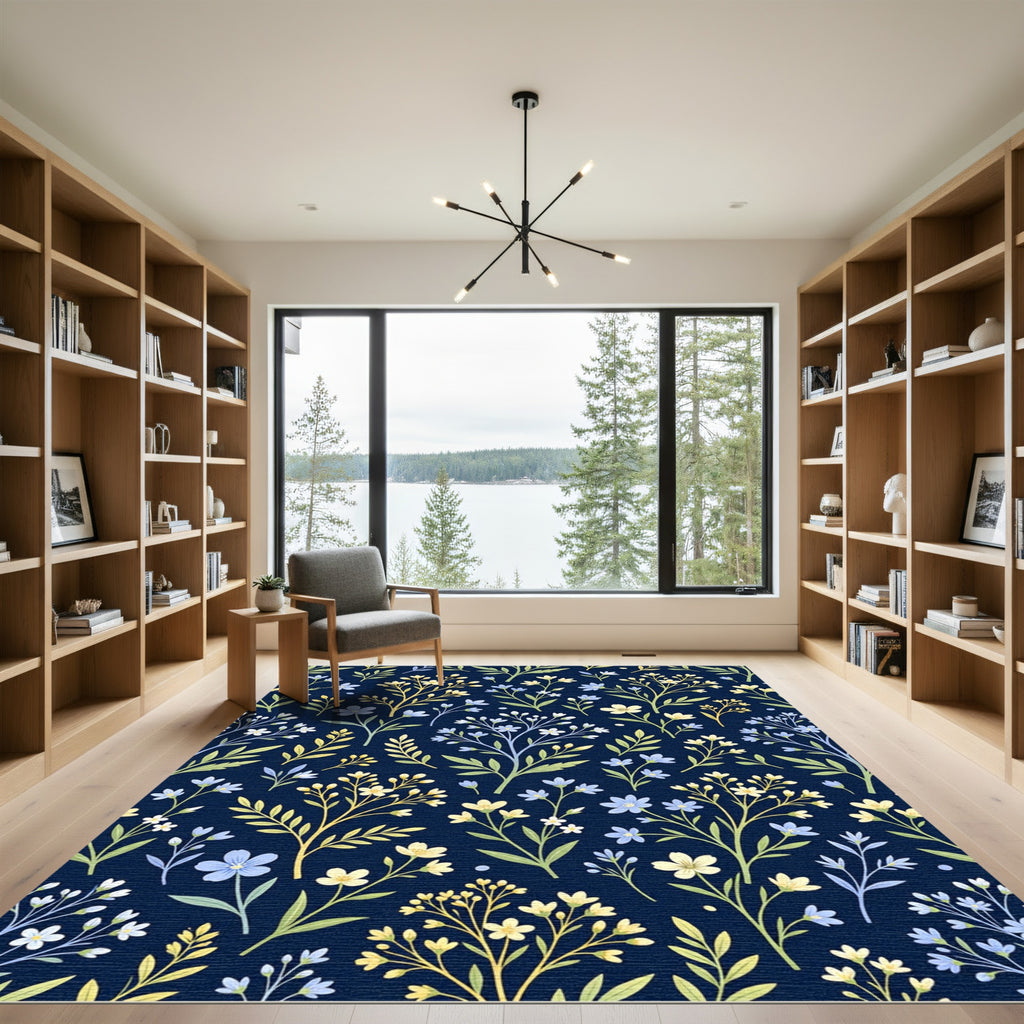 Navy Blue Floral Branch Arrangement Rug