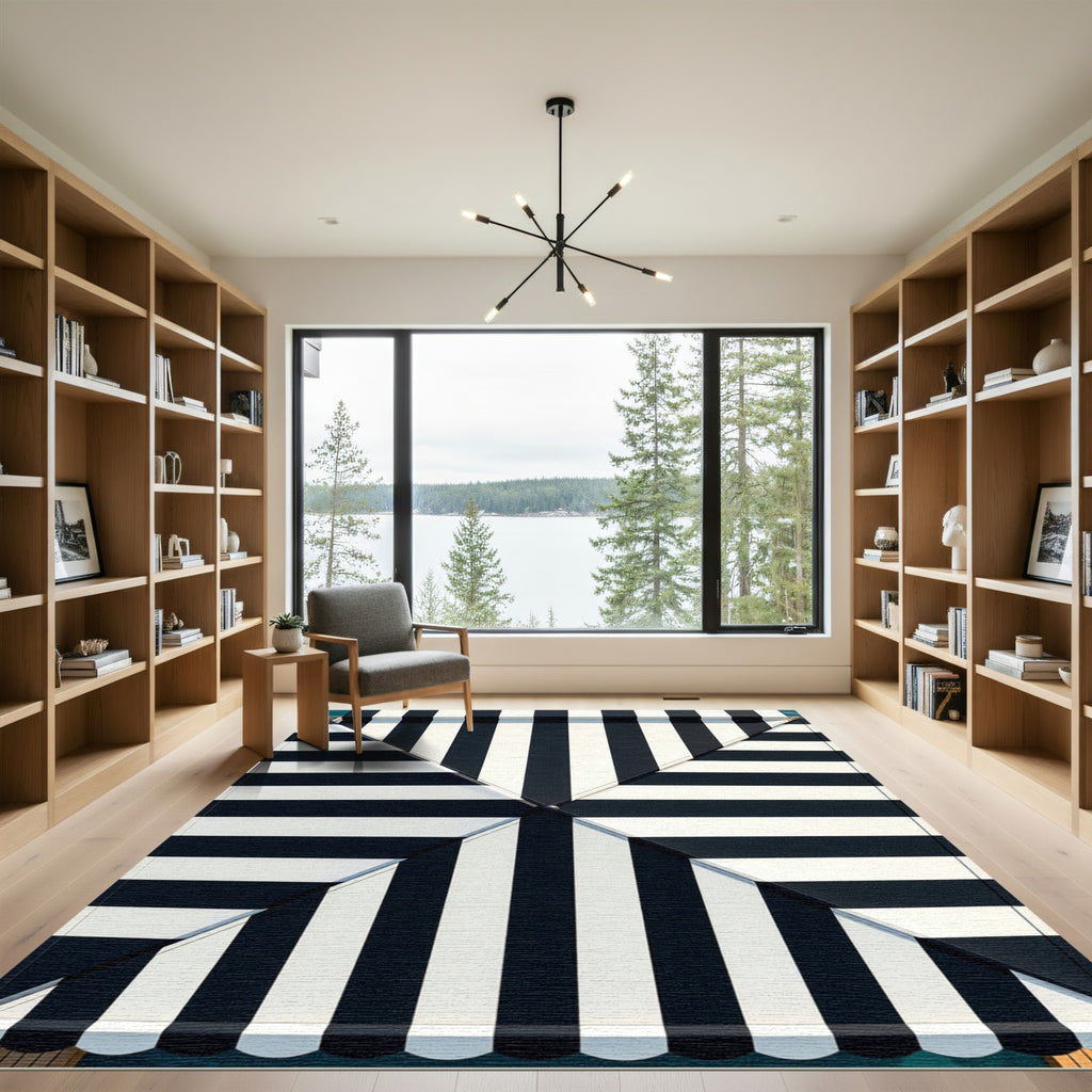 Bold Black White Stripe Geometric Rug