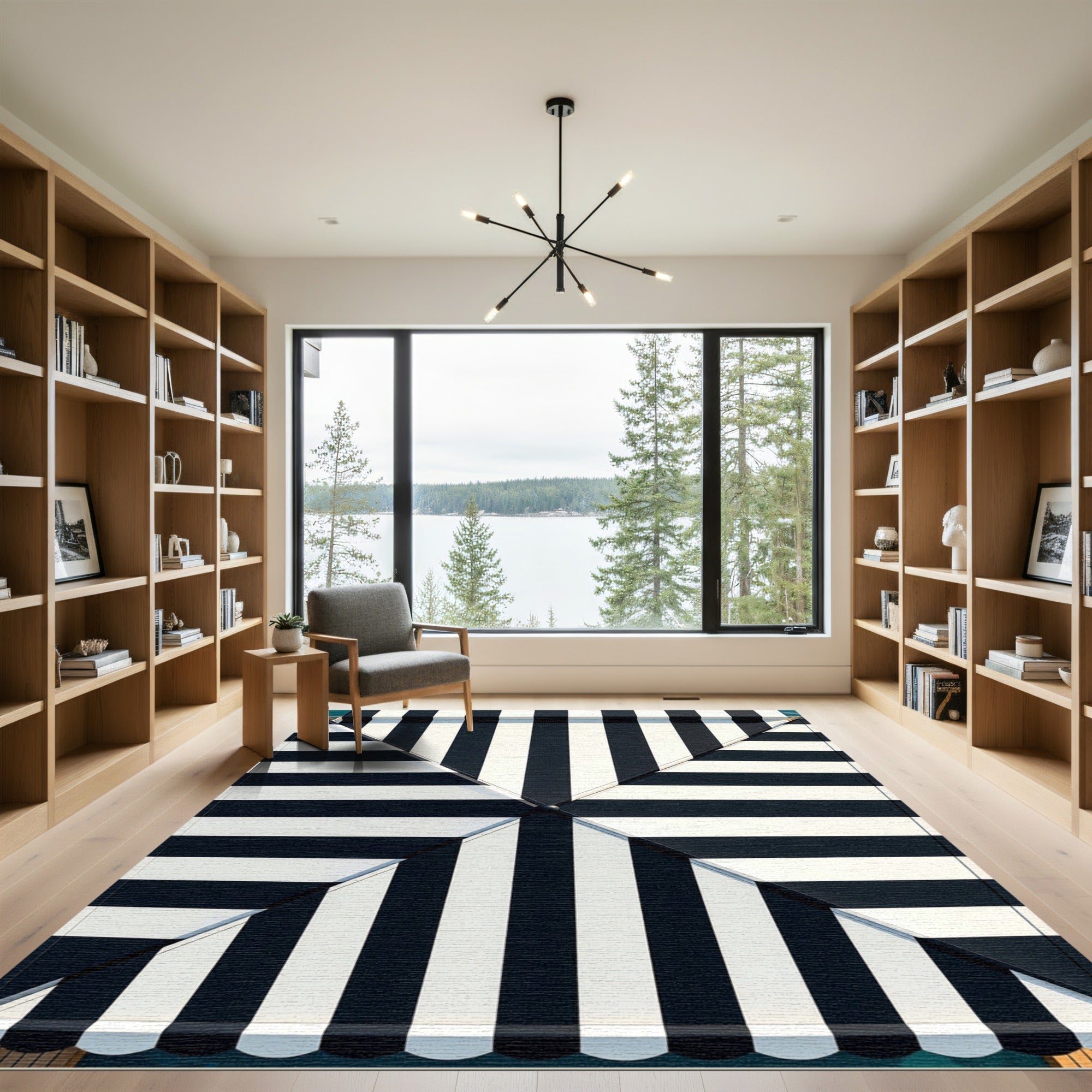 Bold Black White Stripe Geometric Rug