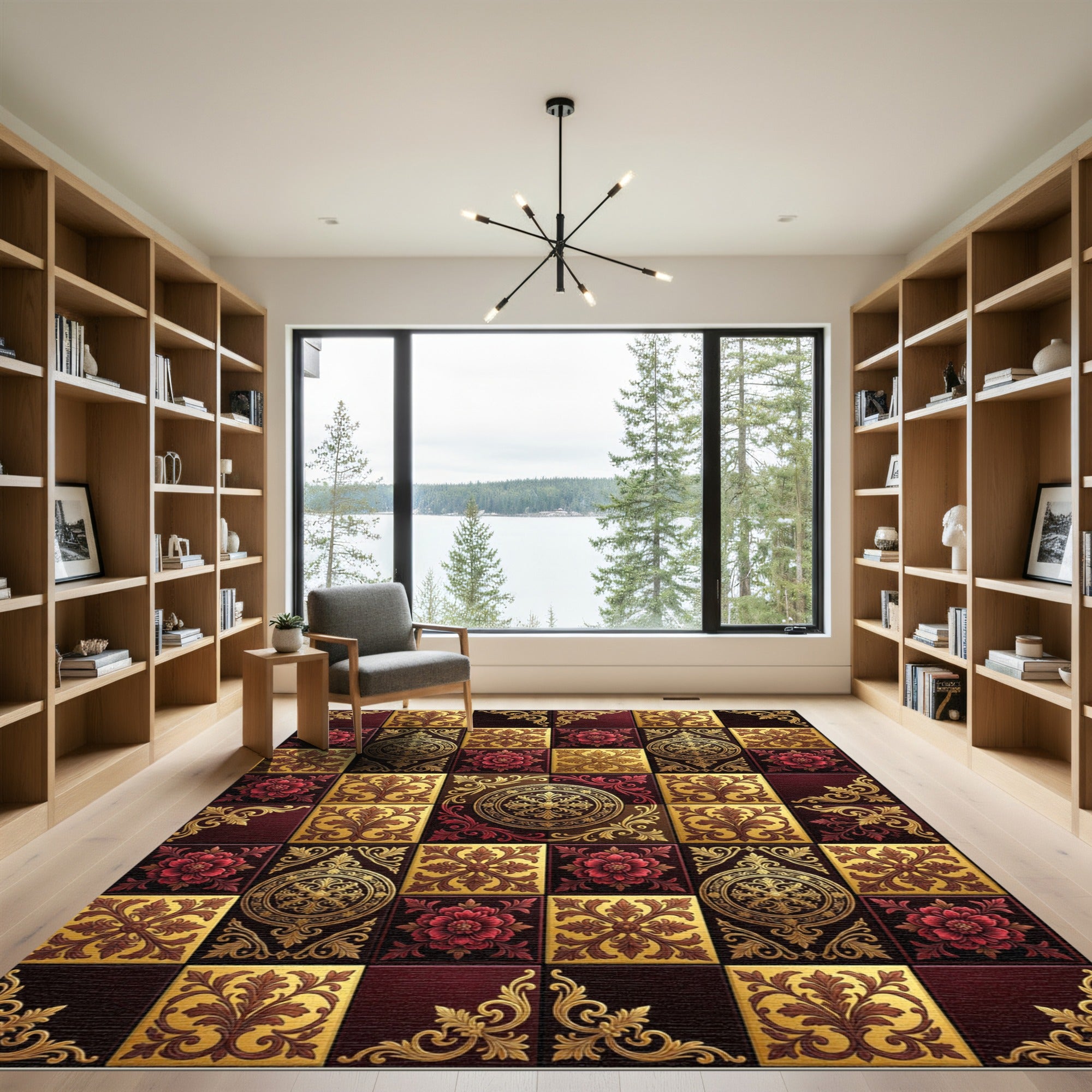 Rich Crimson and Gold Medallion Tile Rug