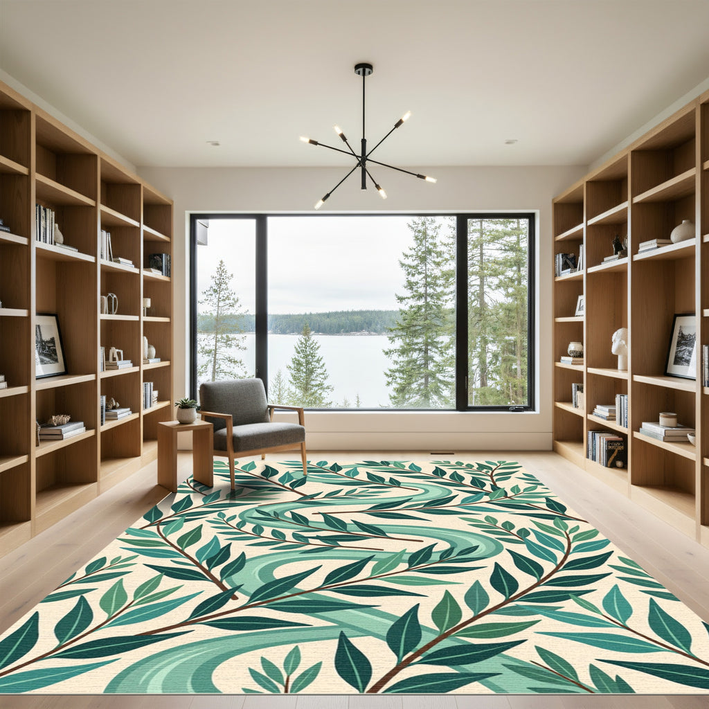 Teal Winding River Leafy Branches Rug