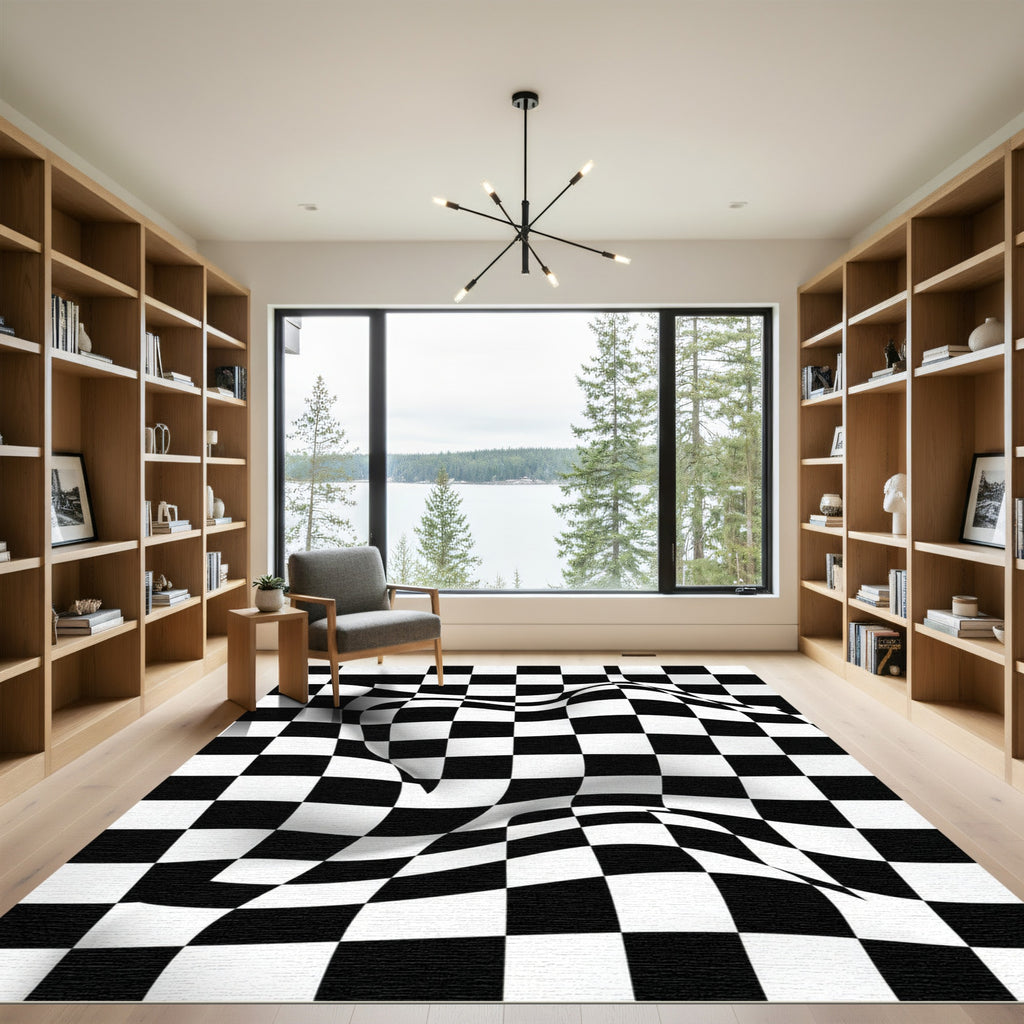 Modern Monochrome Warped Checkered Illusion Rug