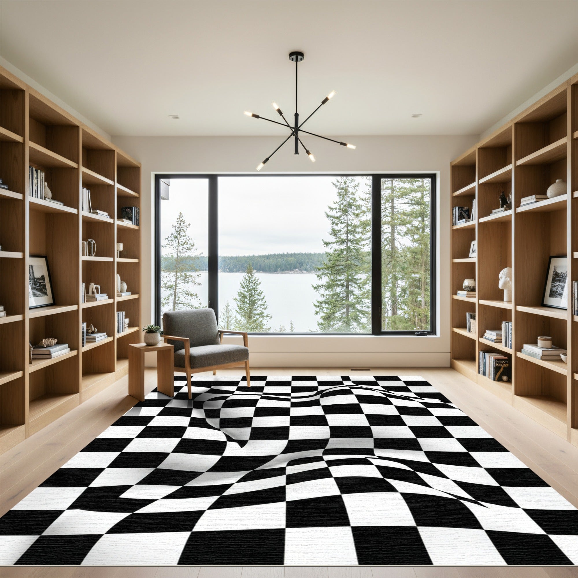 Modern Monochrome Warped Checkered Illusion Rug
