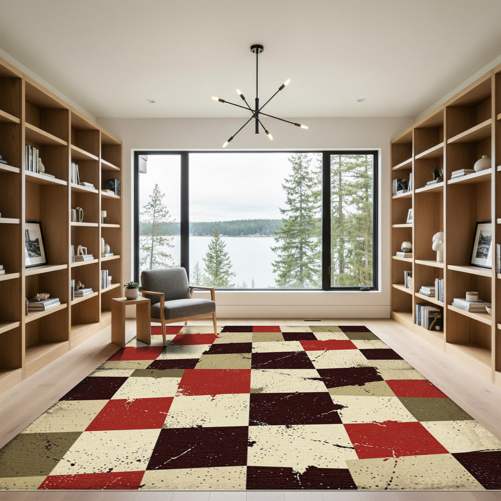 Distressed Checkered Crimson and Earthy Tile Rug