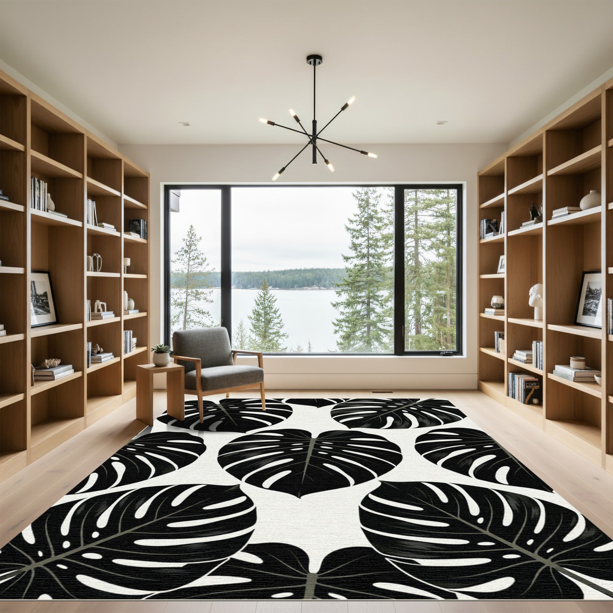 Bold Black Monstera Leaf Pattern Rug