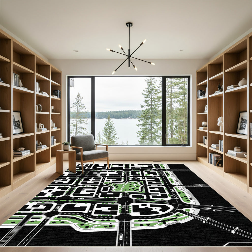Minimalist Black and White Abstract Cityscape Rug