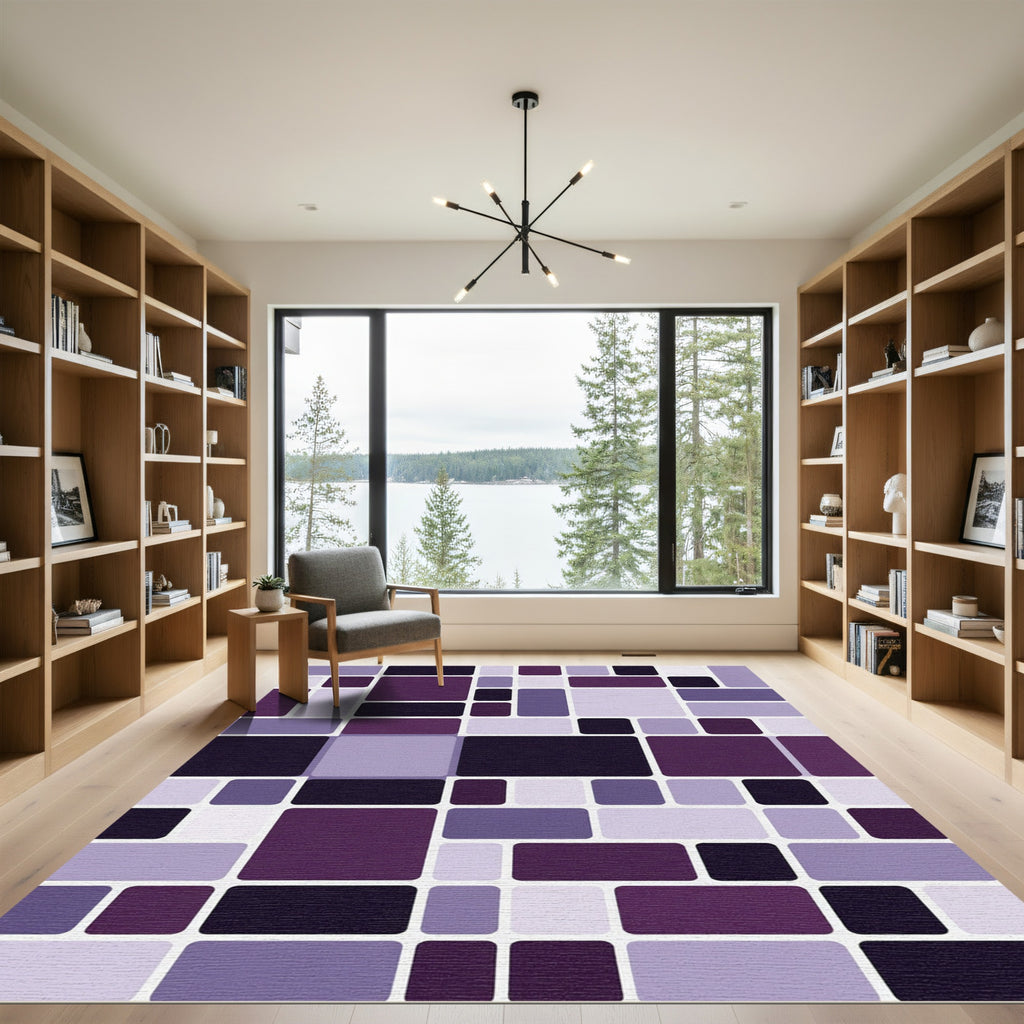 Abstract Purple Geometric Block Mosaic Rug