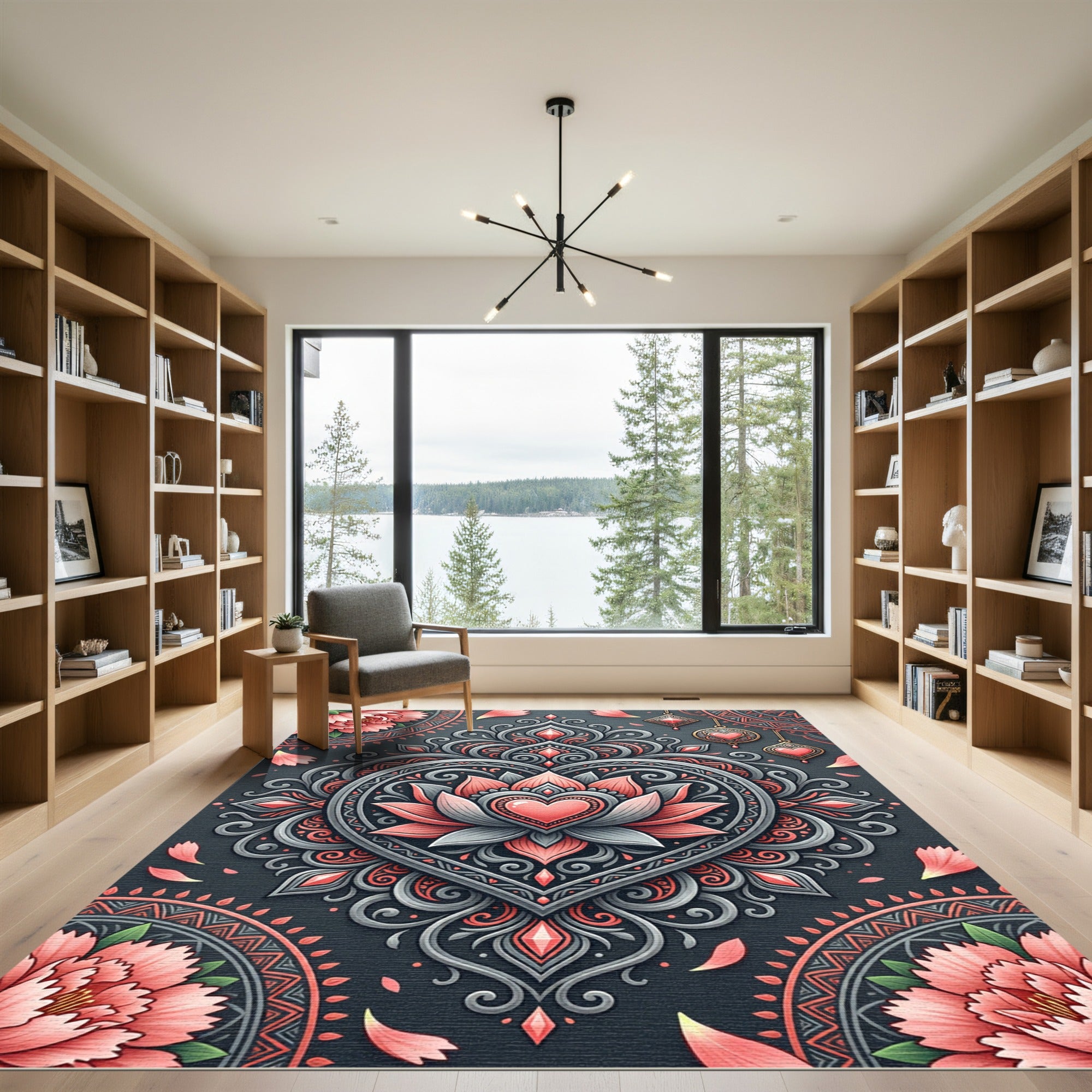 Coral Pink Mandala Heart Bloom Rug