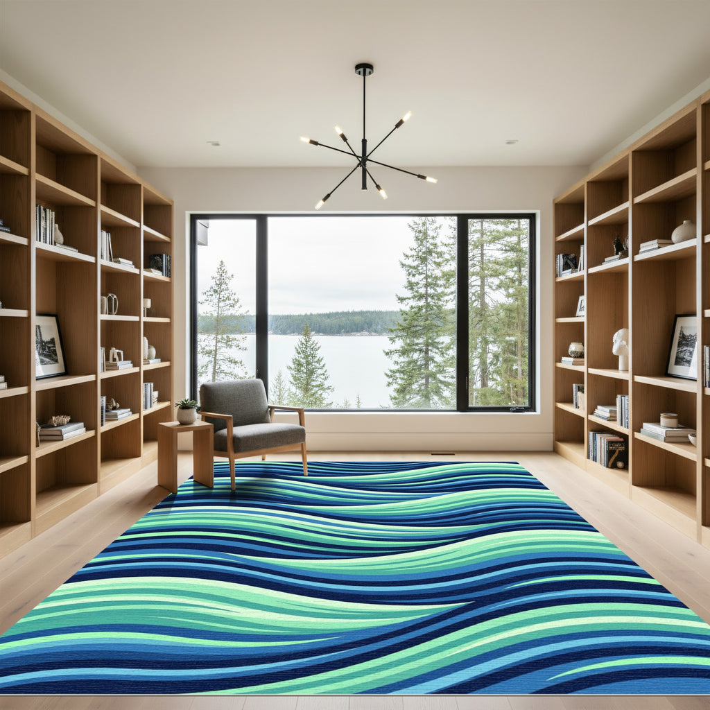 Modern Blue and Mint Wavy Ocean Rug
