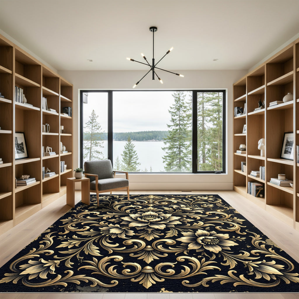 Gilded Black Floral Arabesque Rug