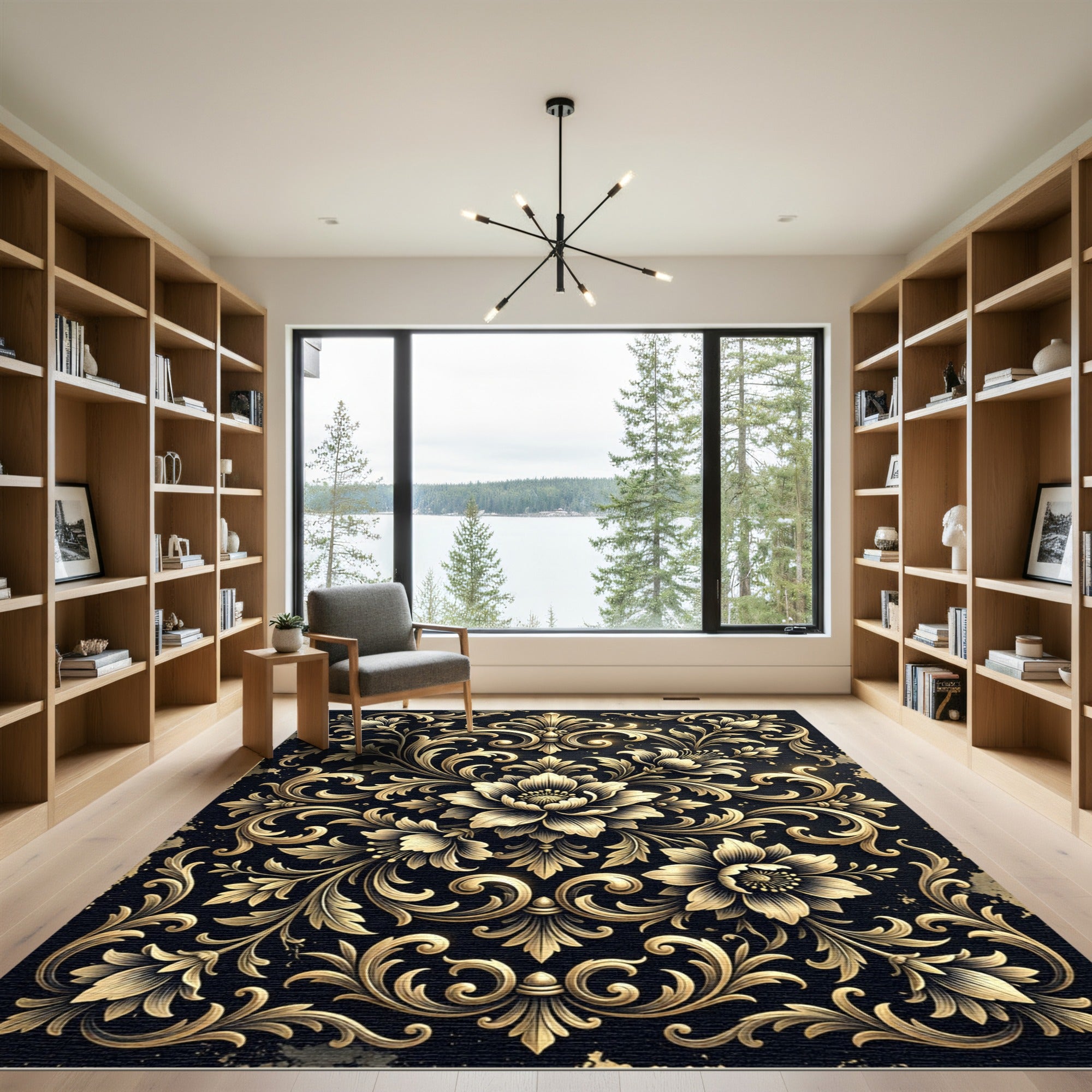 Gilded Black Floral Arabesque Rug