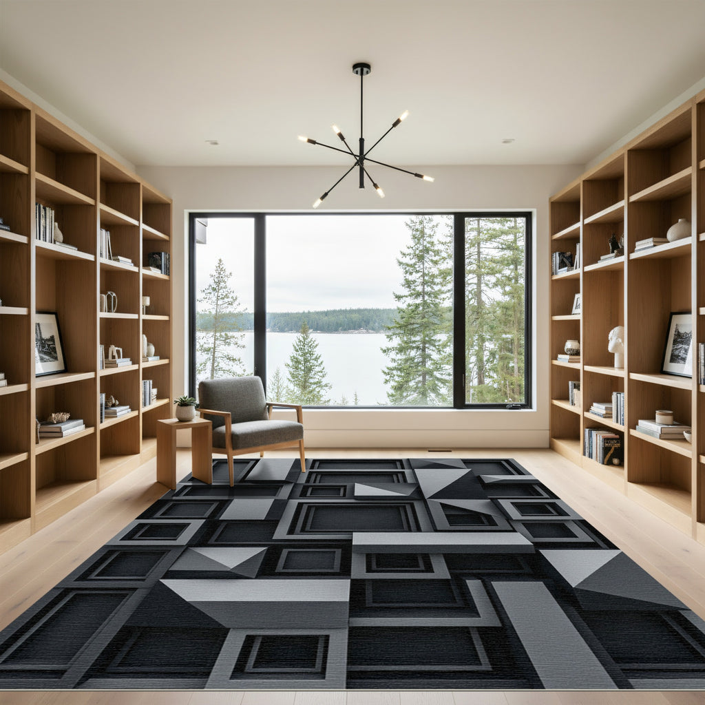 Monochromatic Charcoal Dimensional Geometric Block Rug