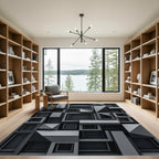 Monochromatic Charcoal Dimensional Geometric Block Rug