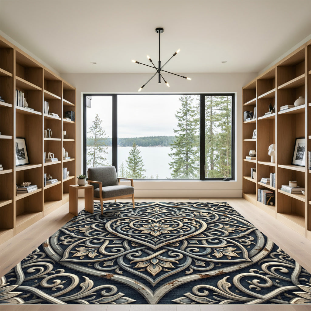 Elegant Cream Scrollwork Heart Medallion Rug